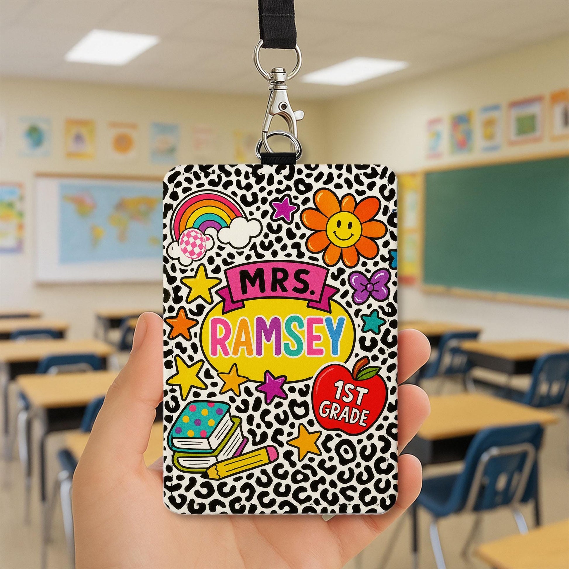Personalized 1st Grade Teacher ID Badge | Colorful Leopard Print Name Tag for Teachers, Educators | Fun Back to School Lanyard, School Tag