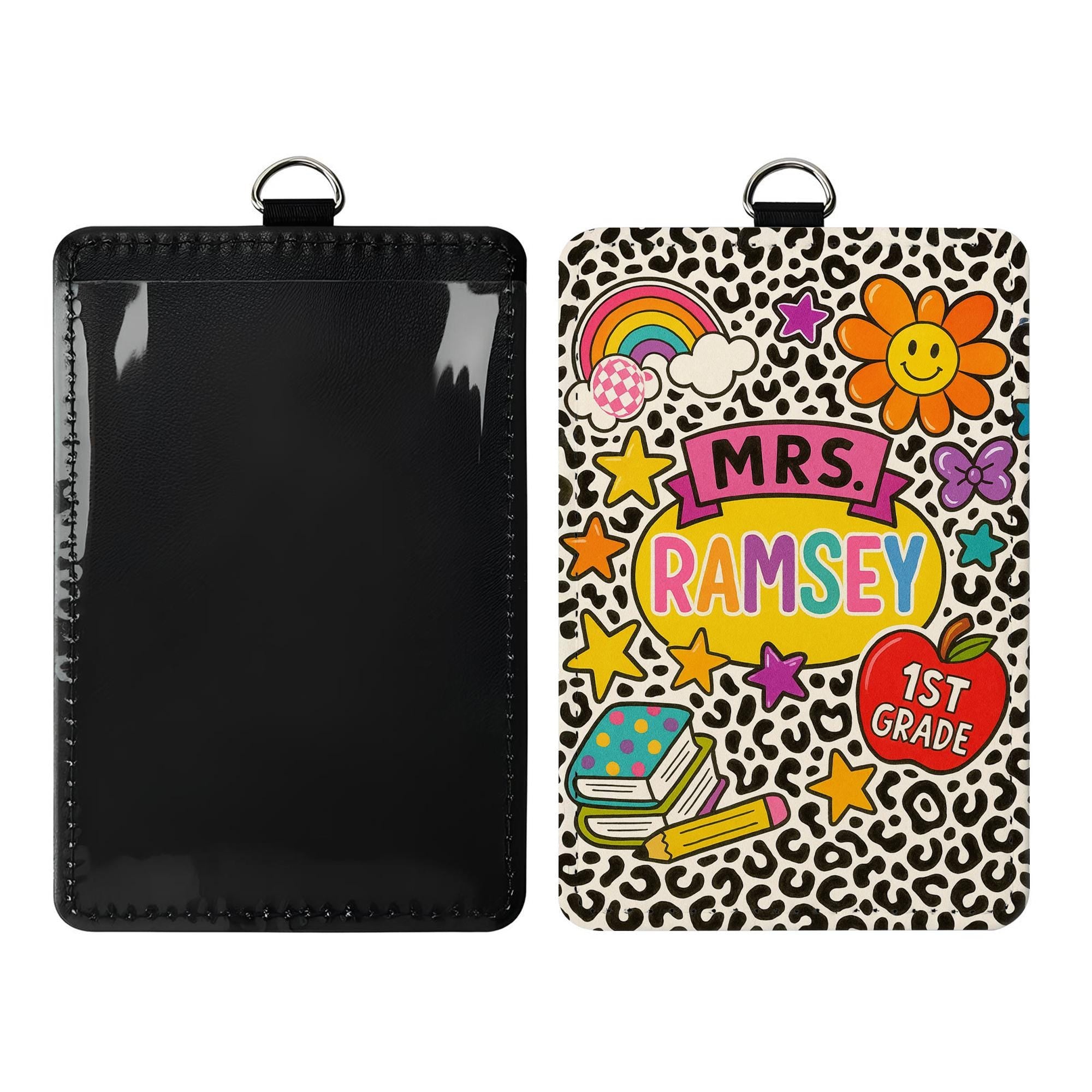 Personalized 1st Grade Teacher ID Badge | Colorful Leopard Print Name Tag for Teachers, Educators | Fun Back to School Lanyard, School Tag