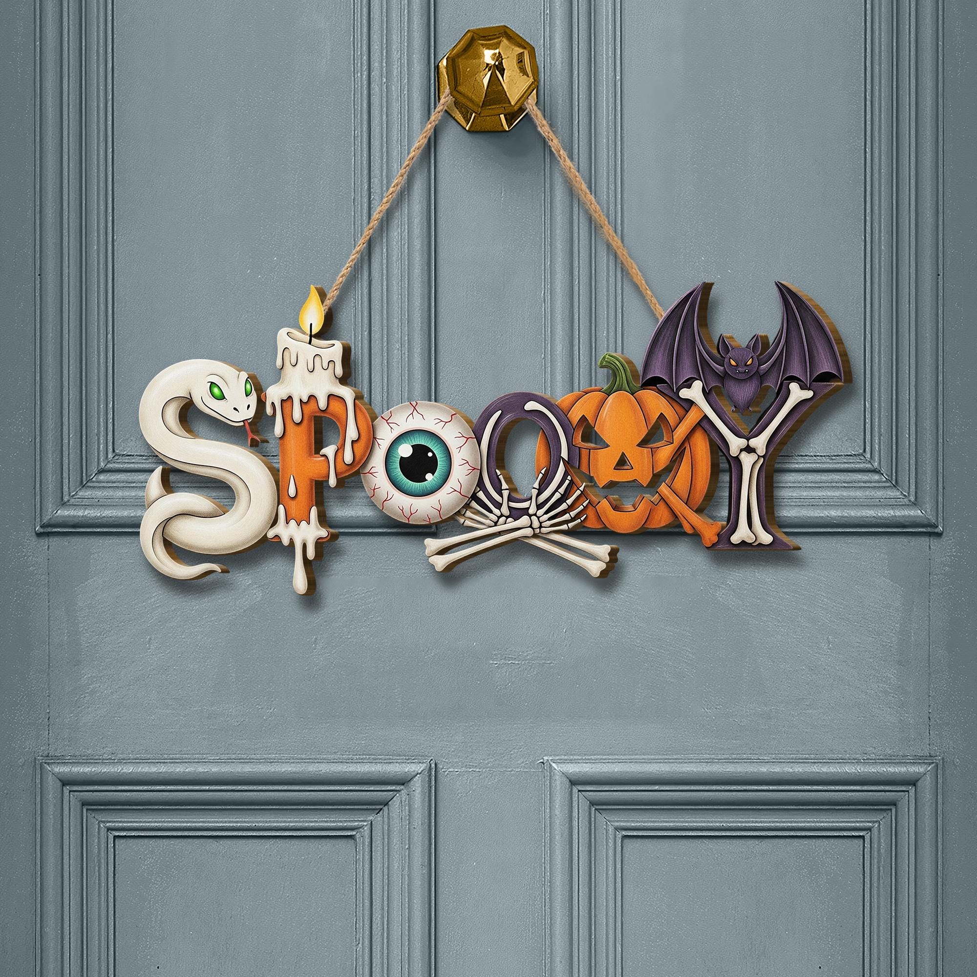 Spooky Halloween Door Sign – Cute Hanging Decor with Bat, Pumpkin, Bones & Snake – Fun Halloween Wall Sign