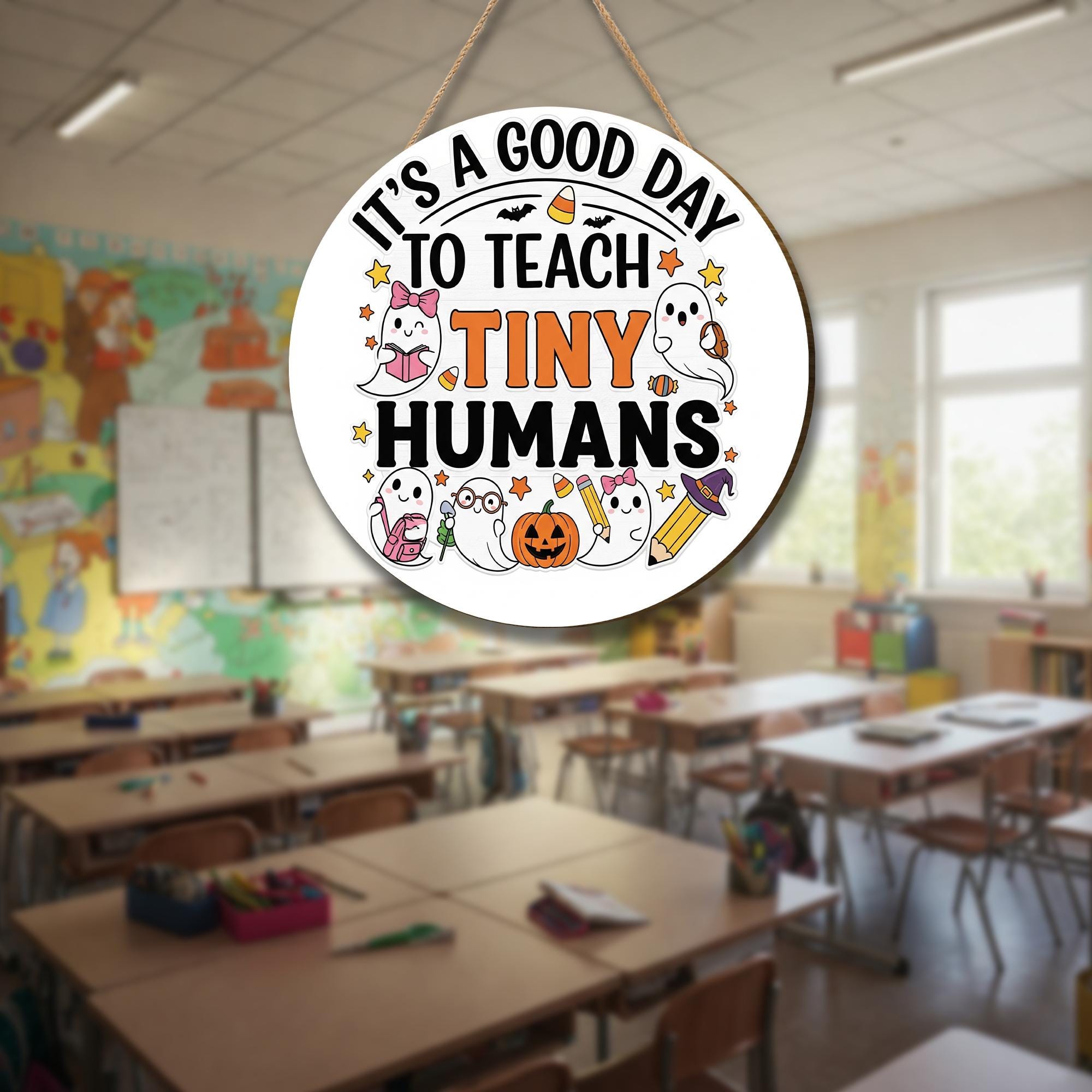 Halloween Teacher Door Sign – It's a Good Day to Teach Tiny Humans – Cute Ghost Classroom Decor
