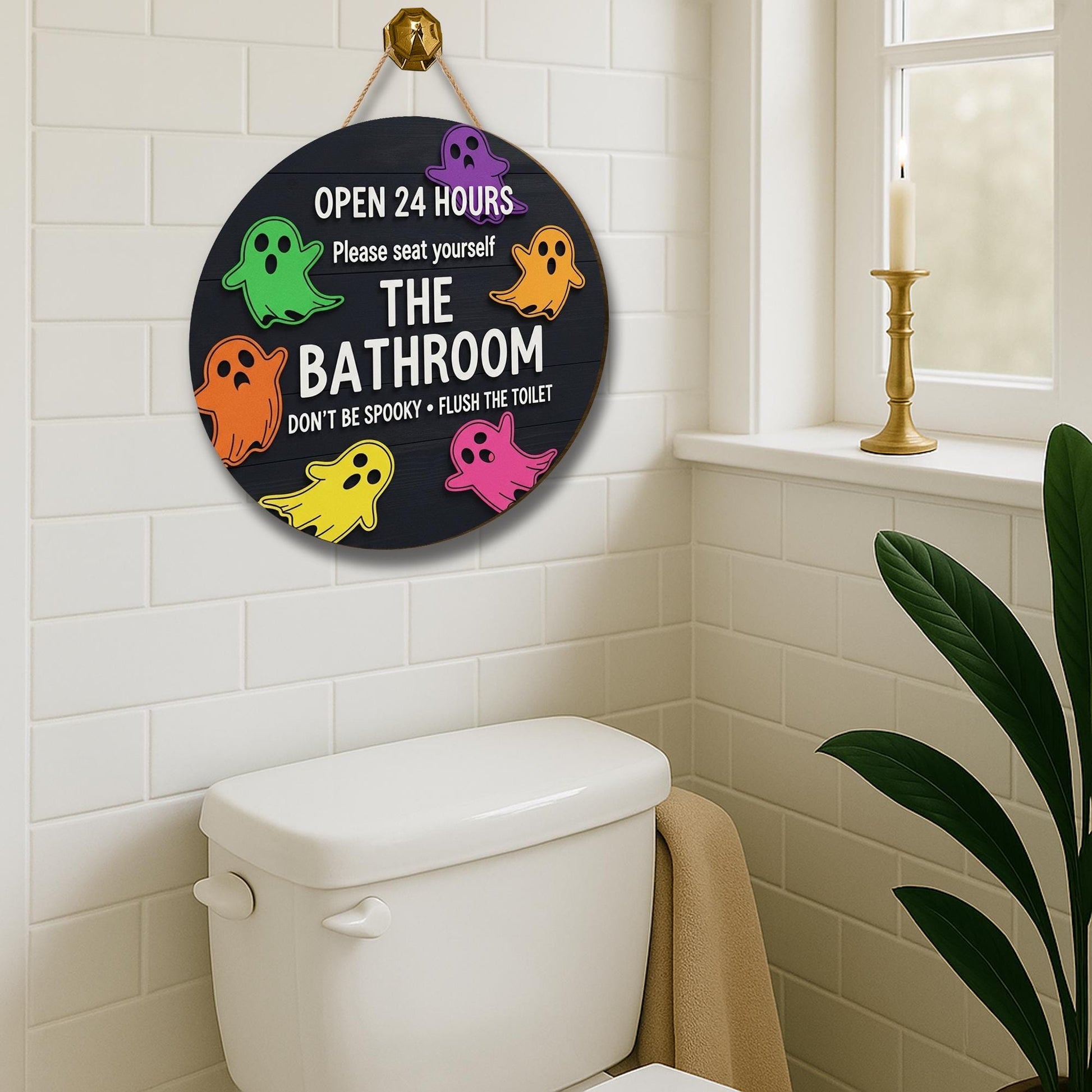 Funny Halloween Bathroom Sign, 3D Wooden Ghost Wall Decor, Spooky Toilet Door Sign, Open 24 Hours Restroom Plaque, Cute Holiday Decor