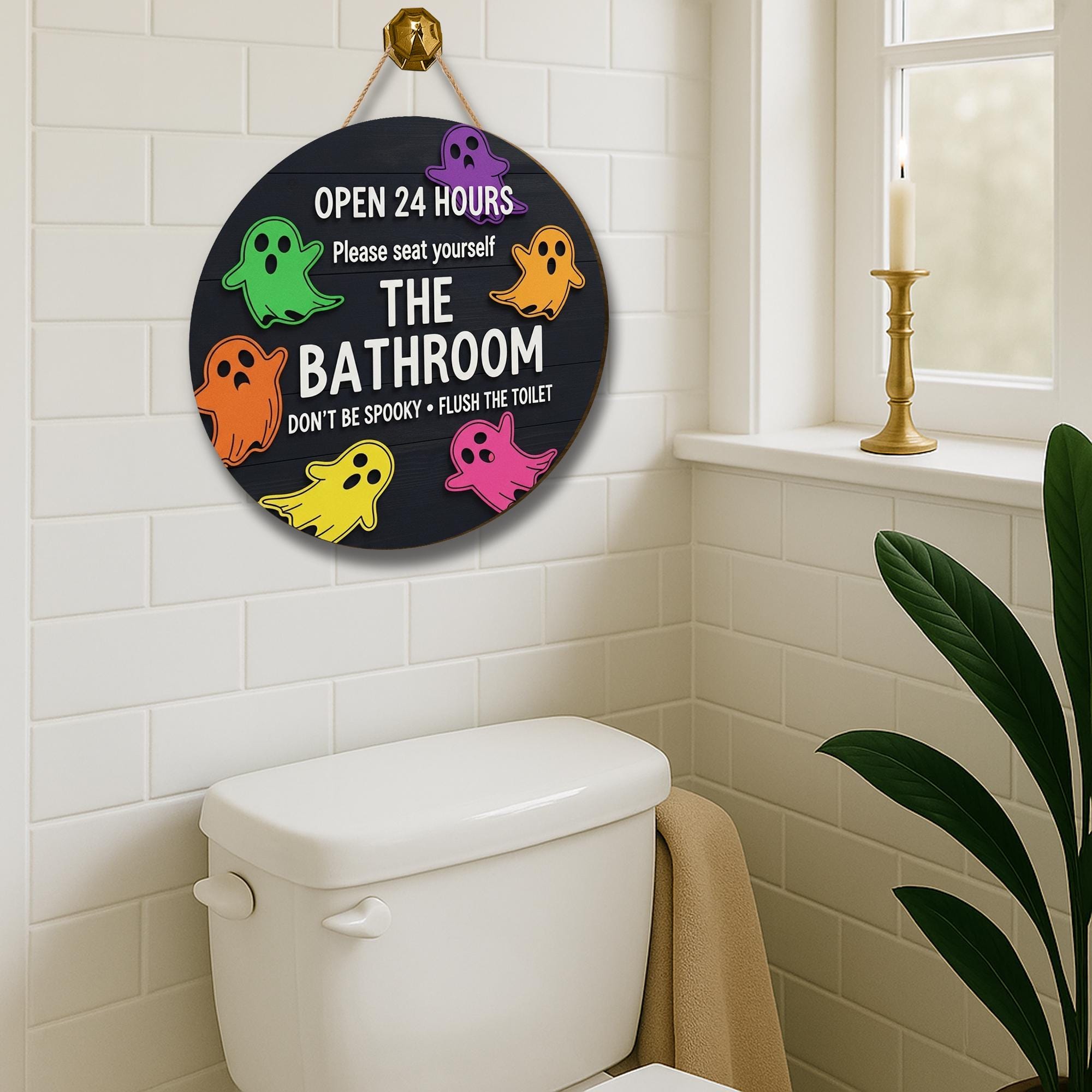 Funny Halloween Bathroom Sign, 3D Wooden Ghost Wall Decor, Spooky Toilet Door Sign, Open 24 Hours Restroom Plaque, Cute Holiday Decor