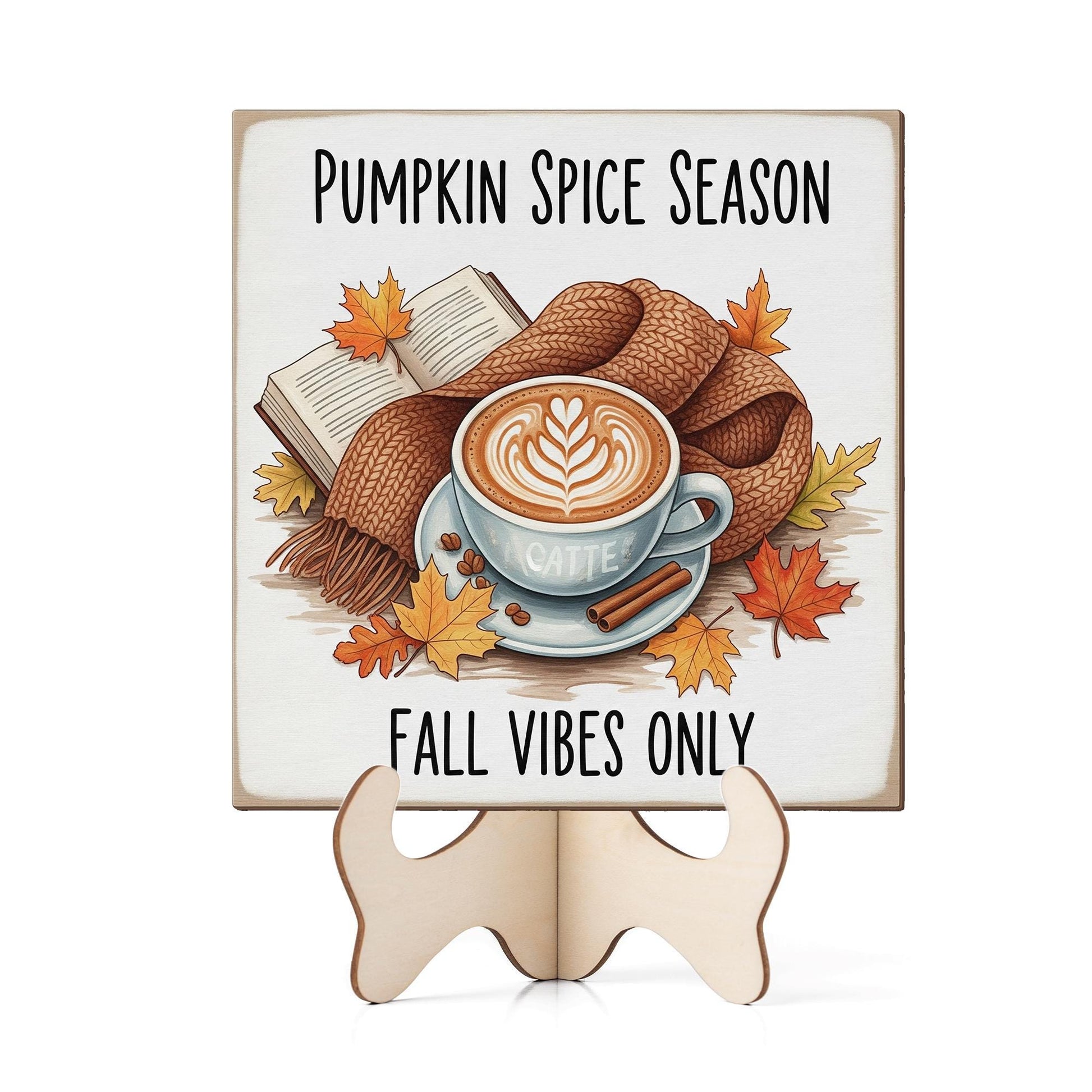 Pumpkin Spice Fall Sign – Autumn Latte Decor with Book & Leaves – Cozy Fall Vibes Wood Block Art