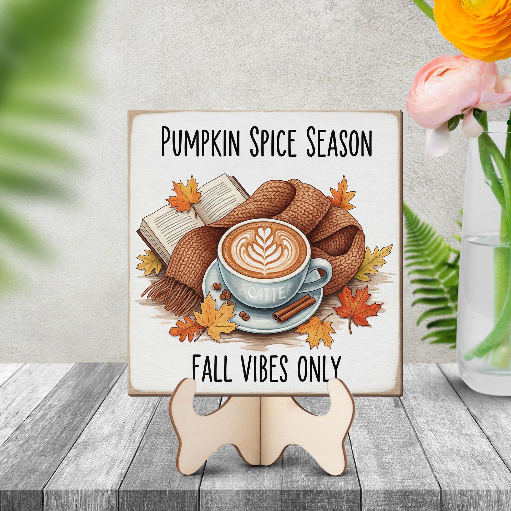 Pumpkin Spice Fall Sign – Autumn Latte Decor with Book & Leaves – Cozy Fall Vibes Wood Block Art