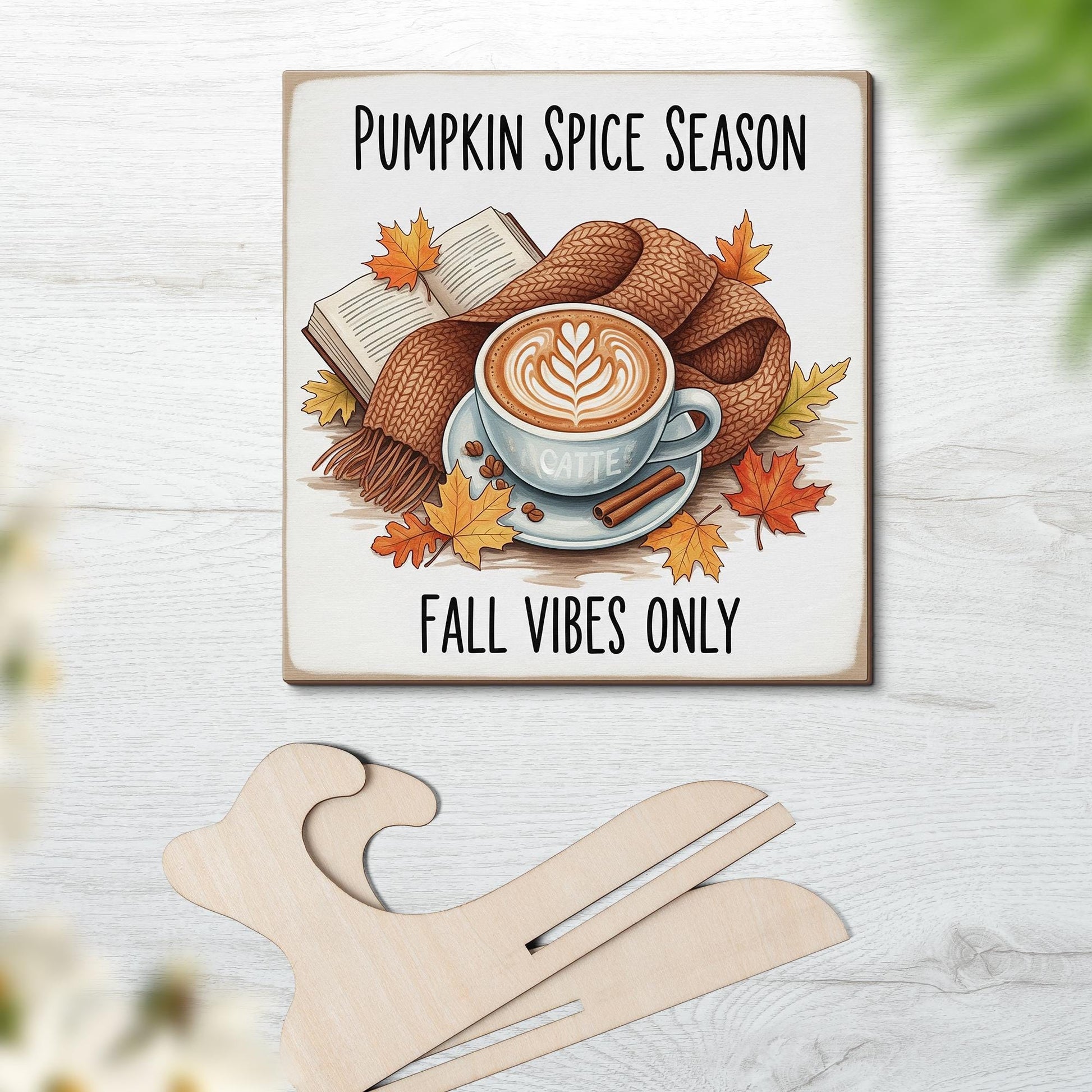 Pumpkin Spice Fall Sign – Autumn Latte Decor with Book & Leaves – Cozy Fall Vibes Wood Block Art