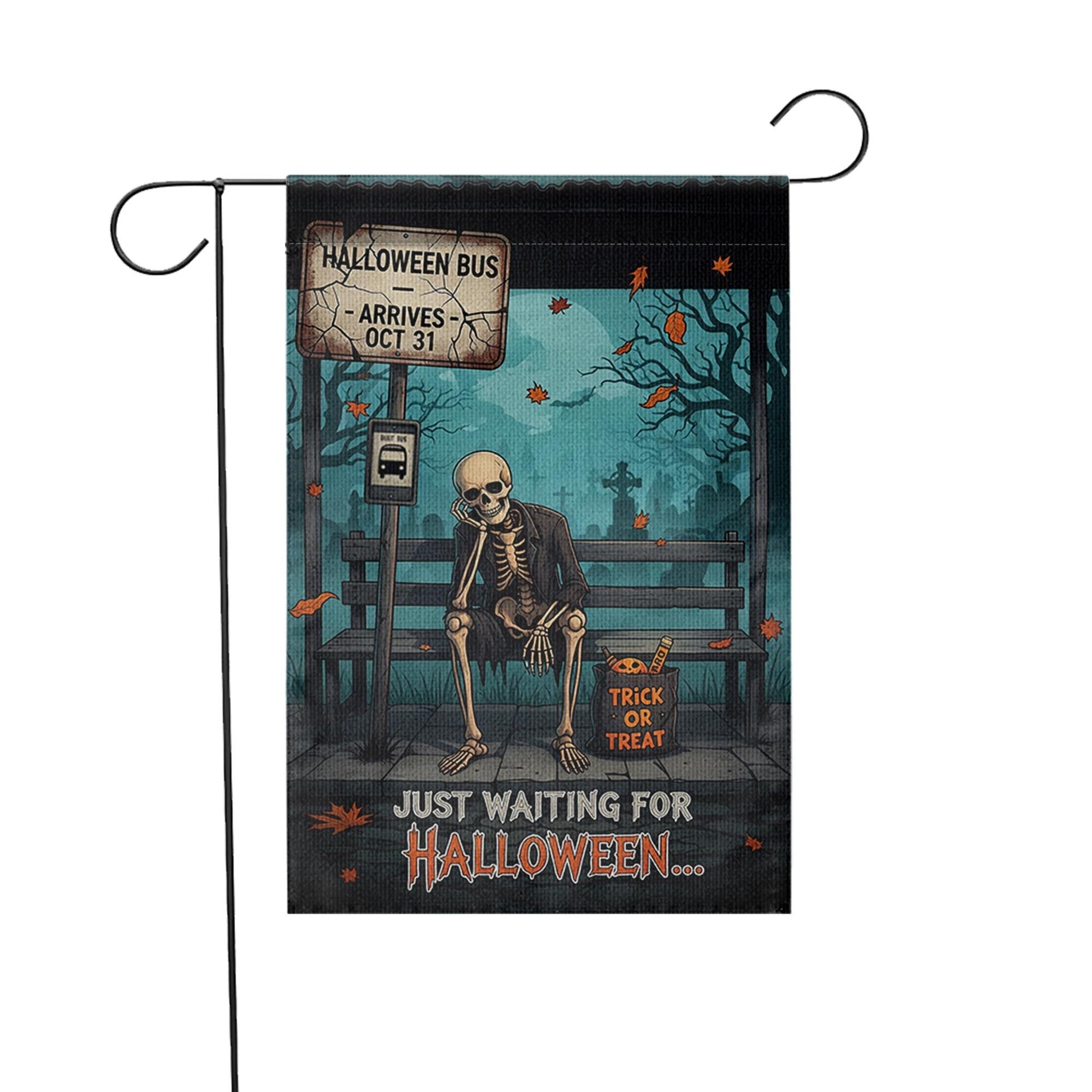 Funny Halloween Garden Flag – Skeleton Waiting Sign – Trick or Treat Yard Outdoor Decor