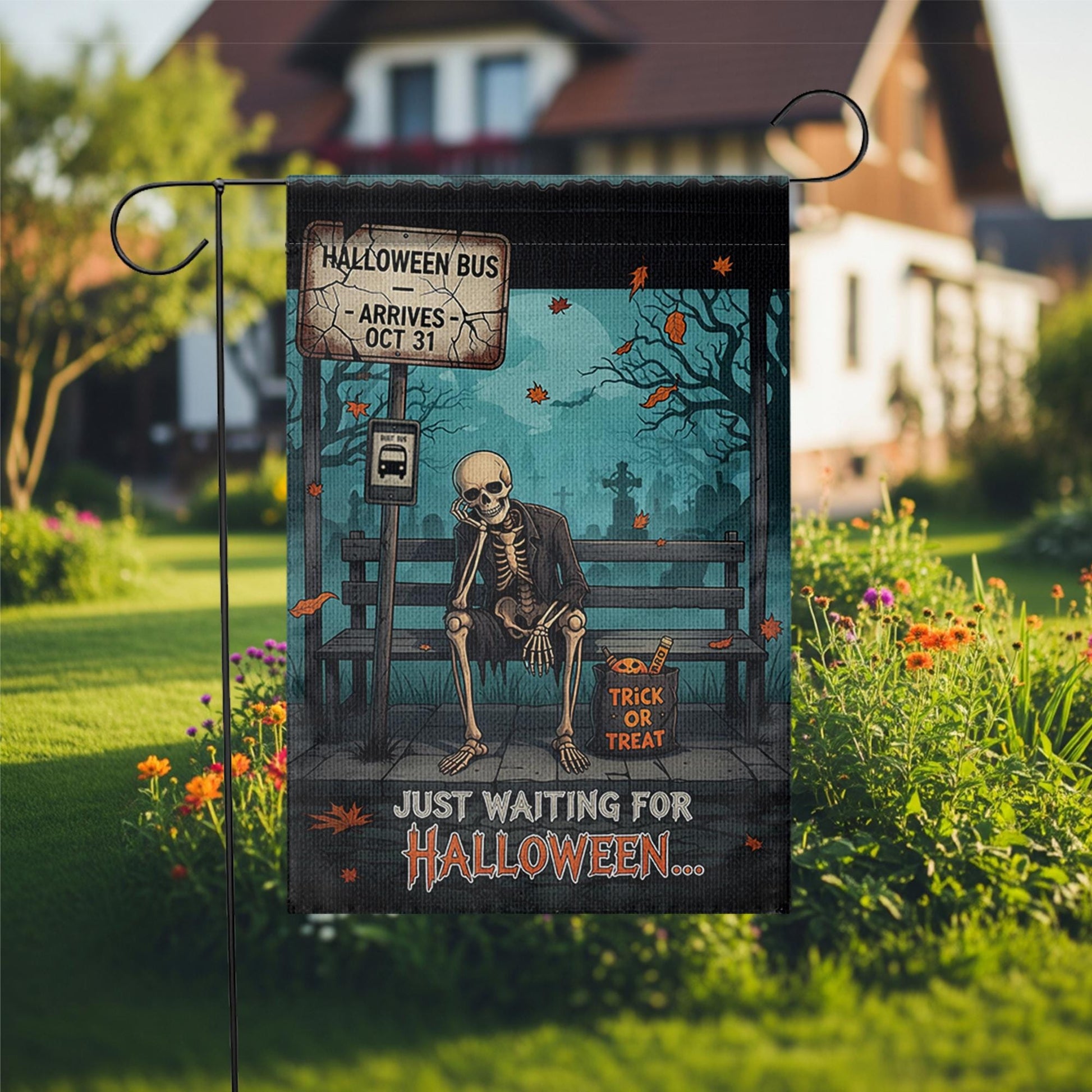 Funny Halloween Garden Flag – Skeleton Waiting Sign – Trick or Treat Yard Outdoor Decor