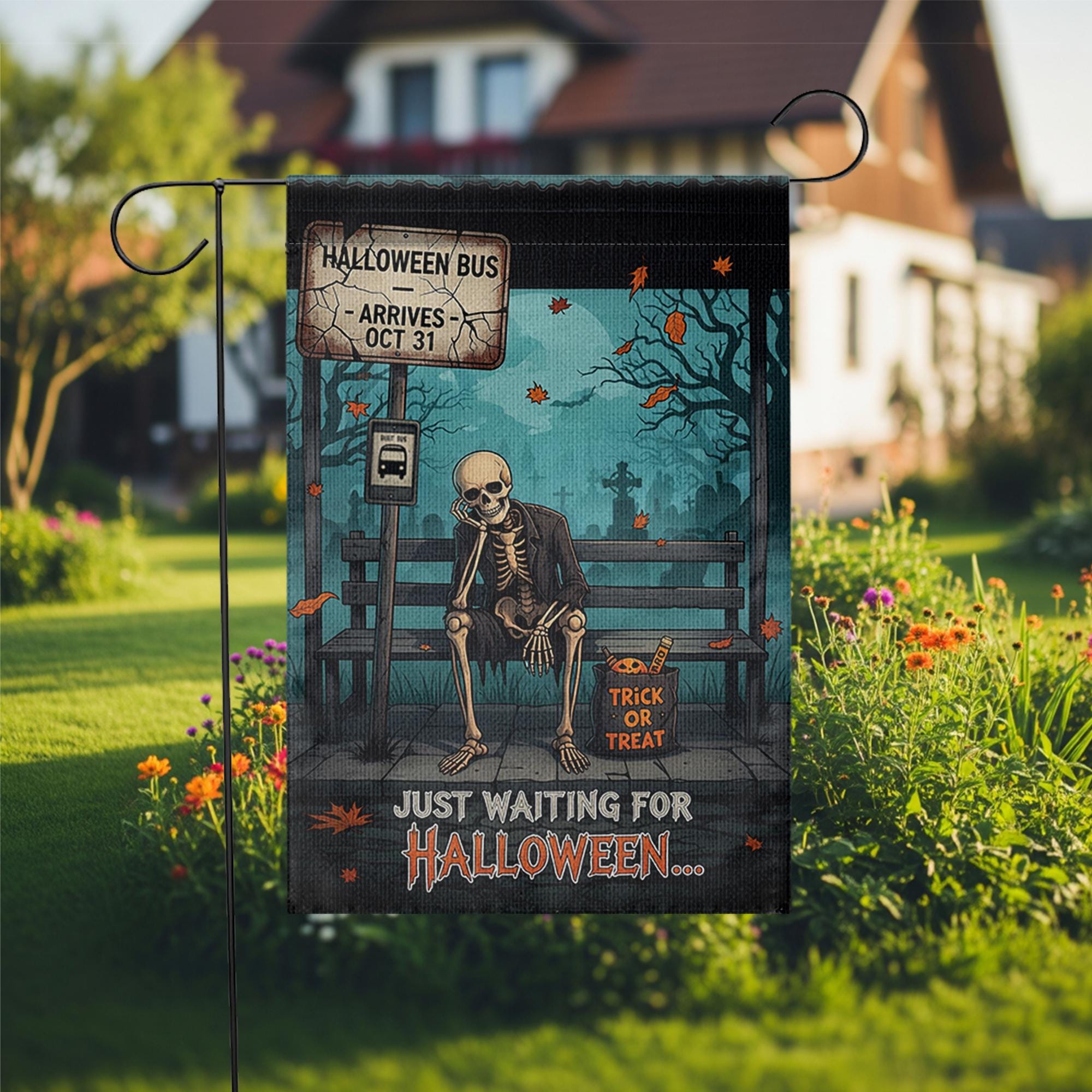 Funny Halloween Garden Flag – Skeleton Waiting Sign – Trick or Treat Yard Outdoor Decor