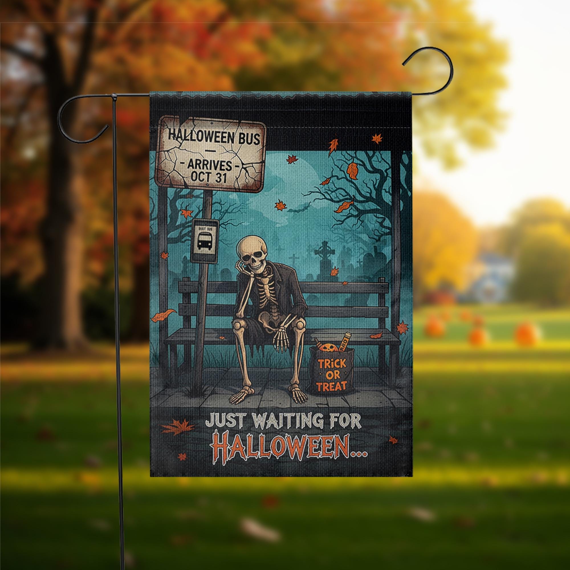 Funny Halloween Garden Flag – Skeleton Waiting Sign – Trick or Treat Yard Outdoor Decor
