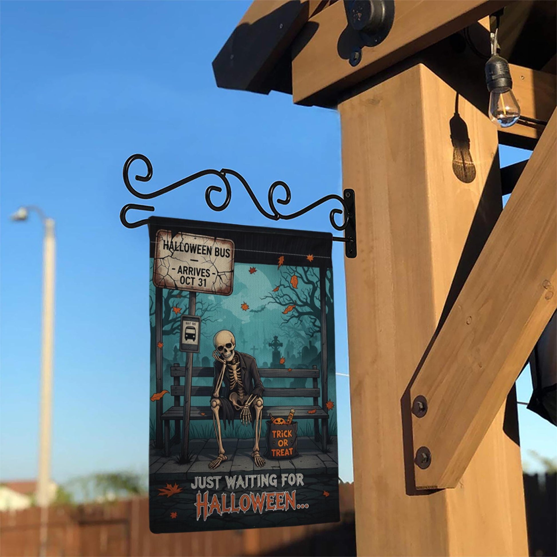 Funny Halloween Garden Flag – Skeleton Waiting Sign – Trick or Treat Yard Outdoor Decor
