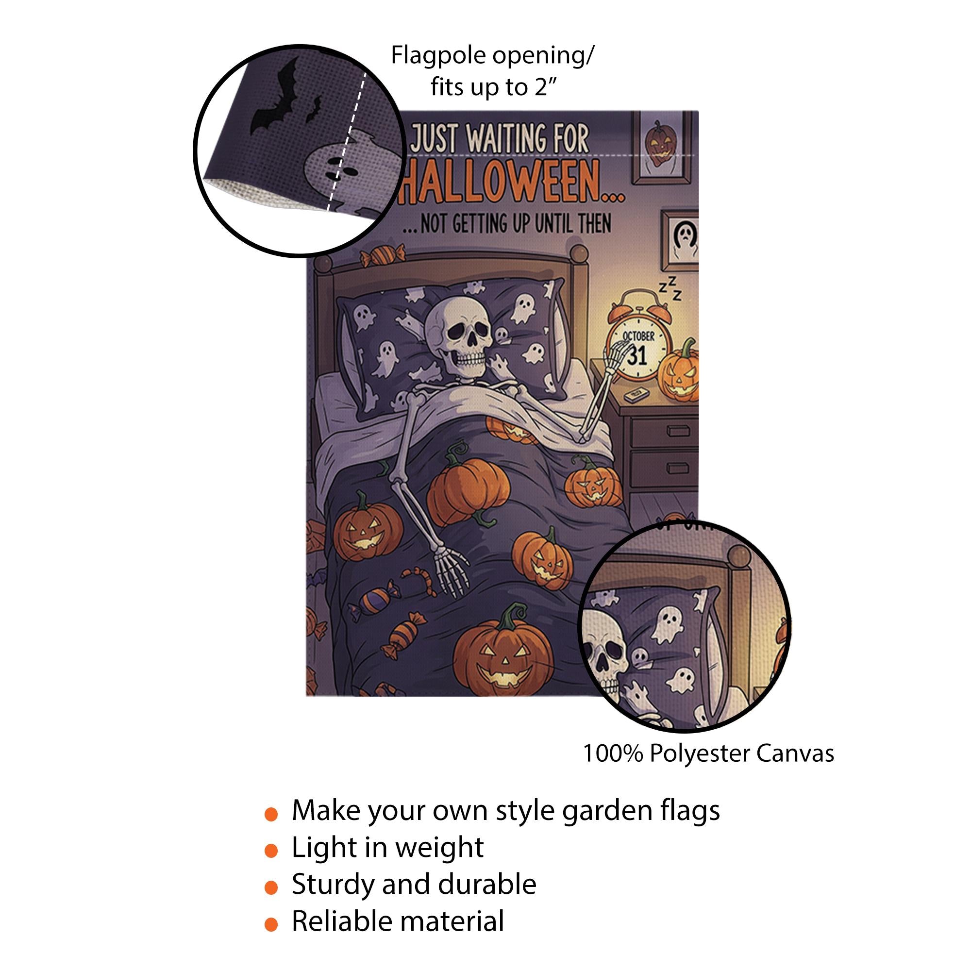 Funny Halloween Garden Flag – Skeleton in Bed Waiting for October 31 – Spooky Outdoor Yard Decor