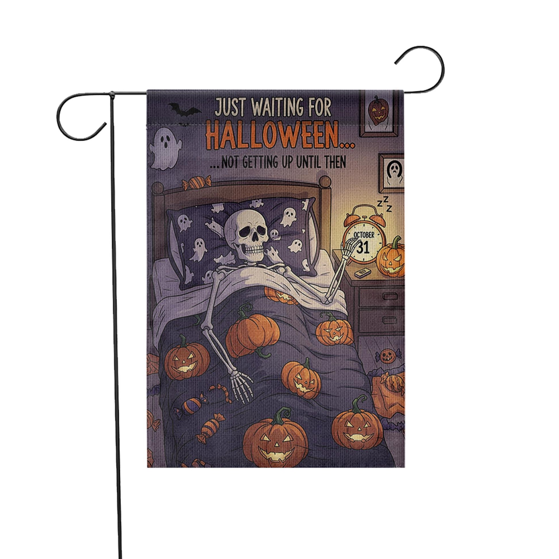 Funny Halloween Garden Flag – Skeleton in Bed Waiting for October 31 – Spooky Outdoor Yard Decor