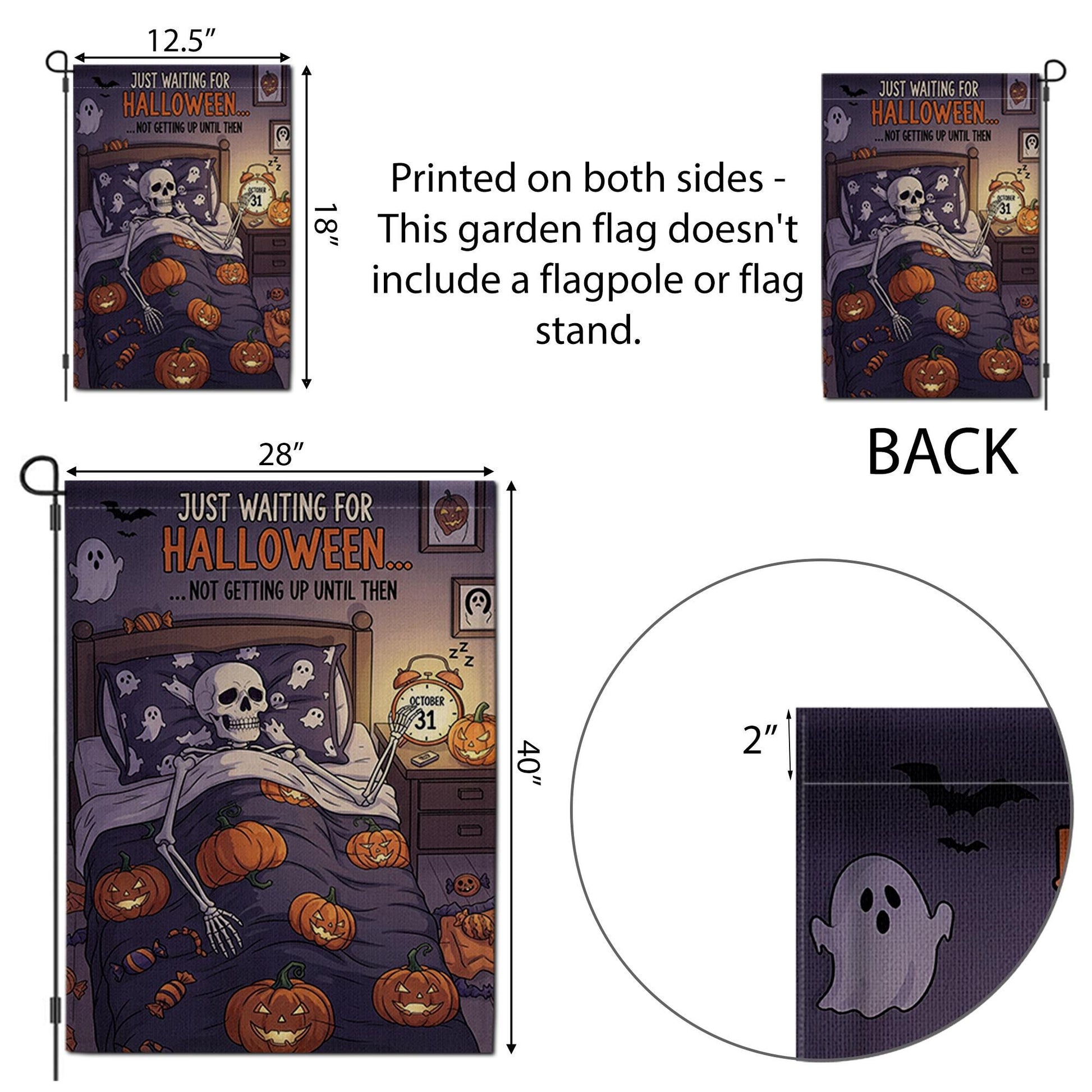 Funny Halloween Garden Flag – Skeleton in Bed Waiting for October 31 – Spooky Outdoor Yard Decor