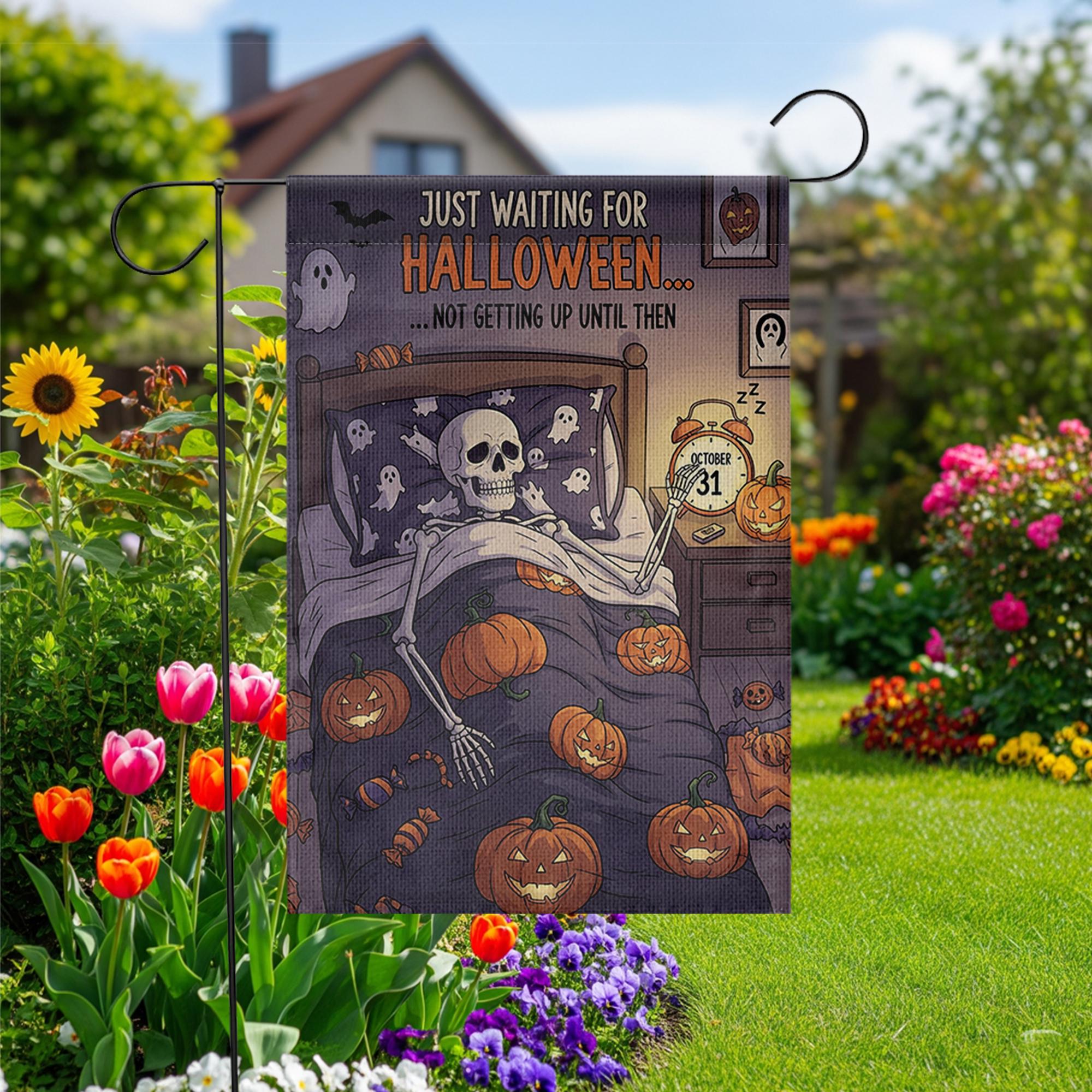 Funny Halloween Garden Flag – Skeleton in Bed Waiting for October 31 – Spooky Outdoor Yard Decor