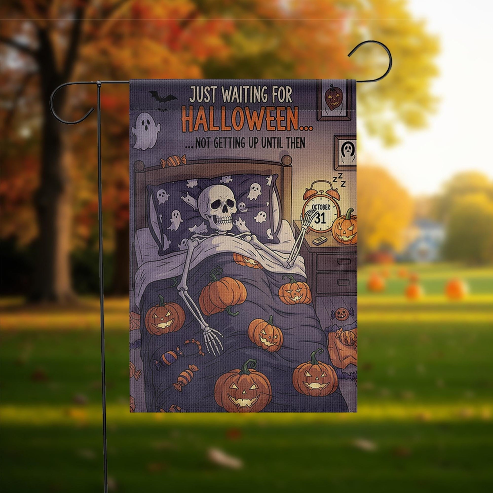 Funny Halloween Garden Flag – Skeleton in Bed Waiting for October 31 – Spooky Outdoor Yard Decor