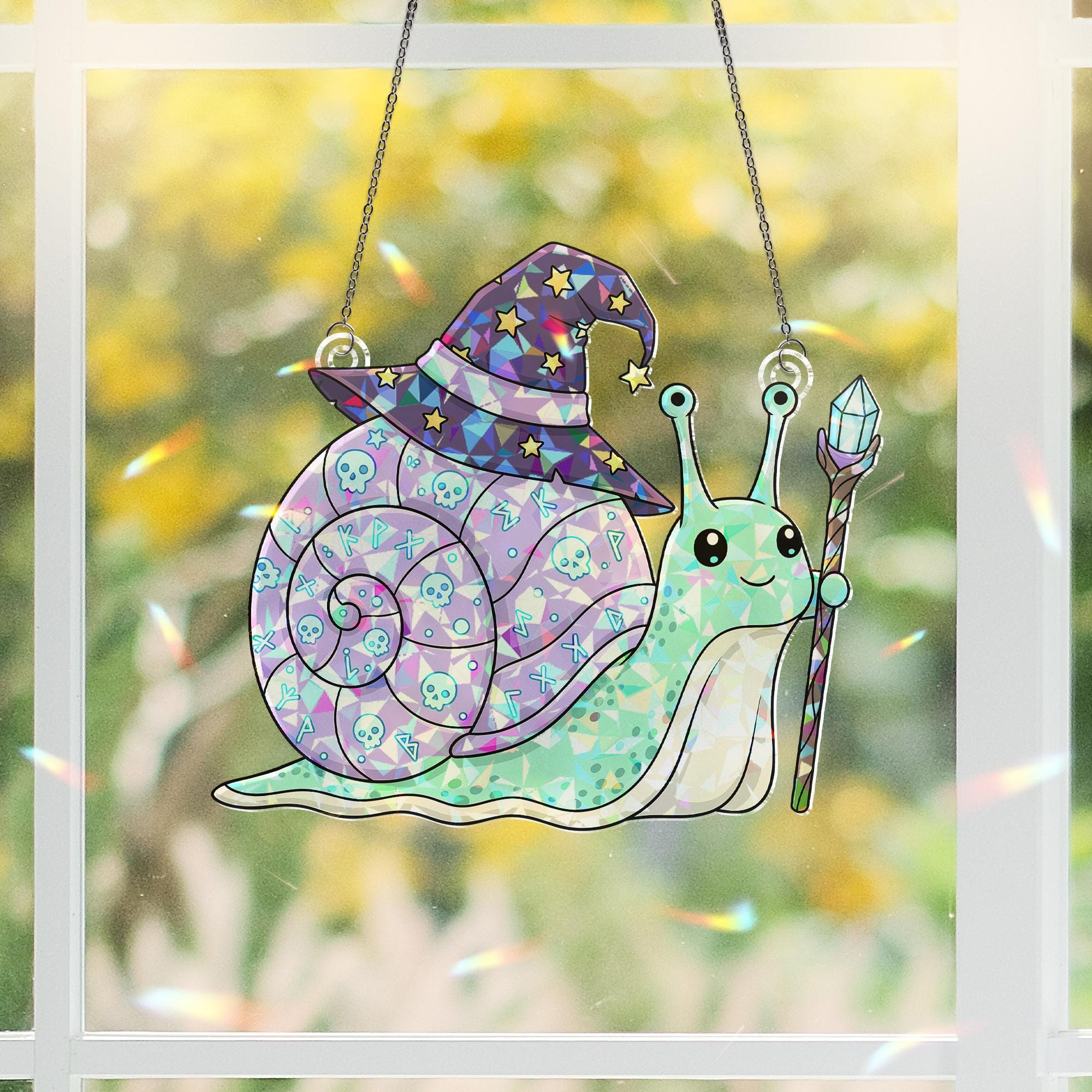 Cute Wizard Snail Suncatcher – Magical Window Hanging with Hat & Staff – Fantasy Crystal Decor