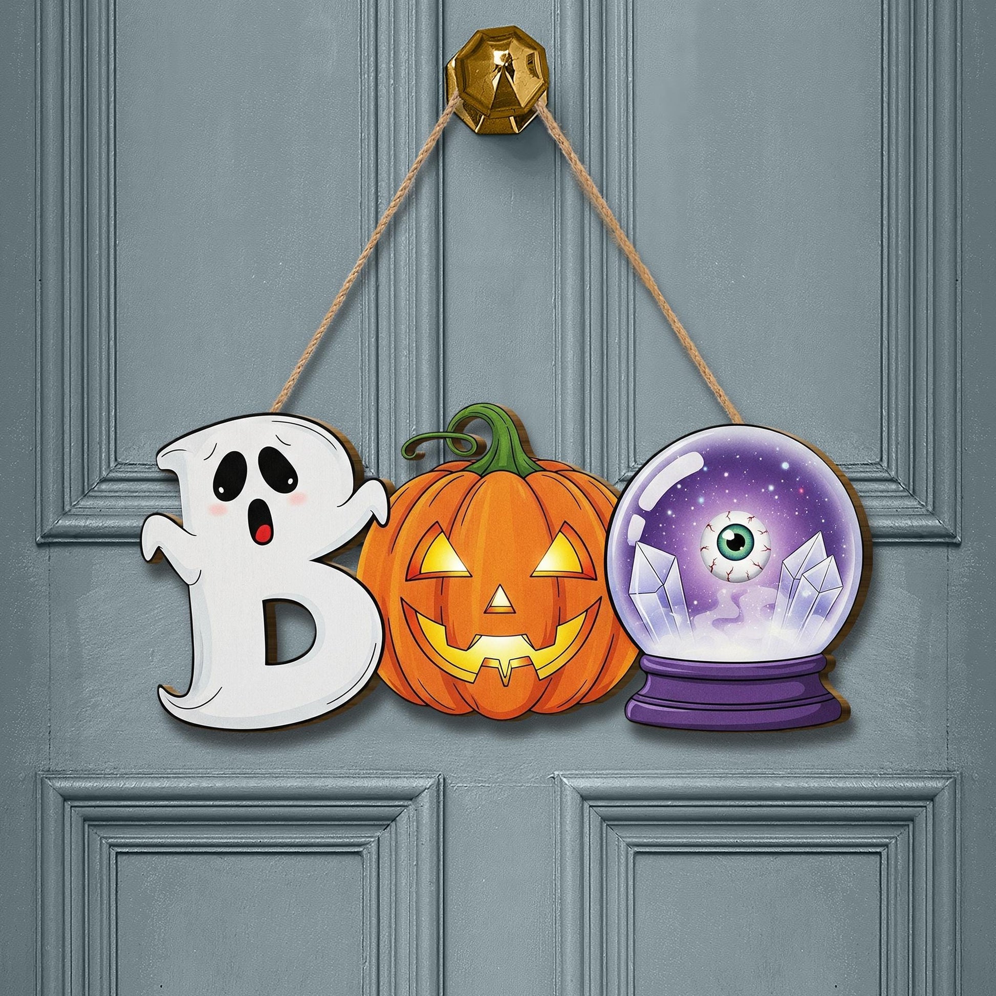 BOO Halloween Door Sign – Cute Ghost Pumpkin Crystal Ball Hanging Decor – Fun Fall Wall Sign