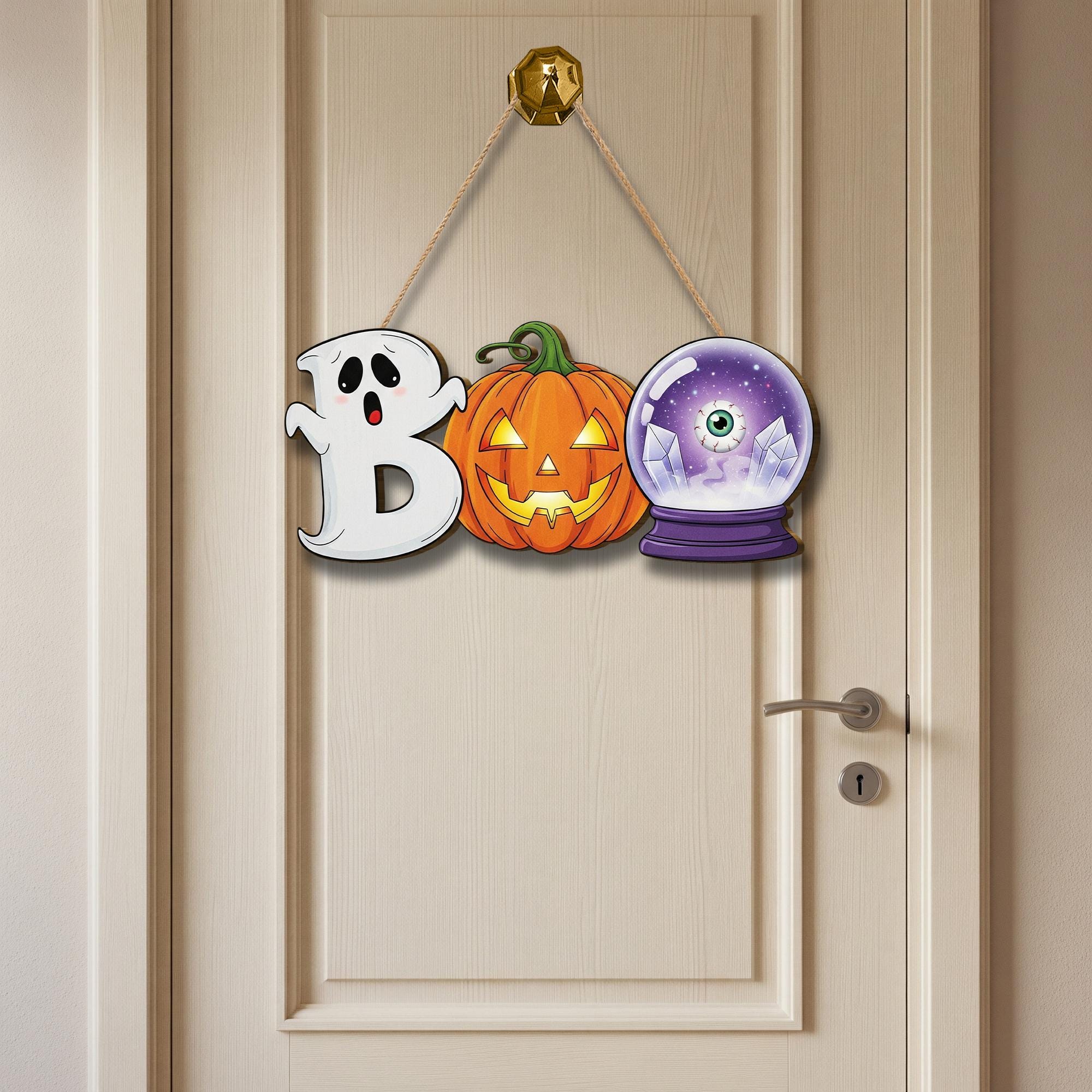 BOO Halloween Door Sign – Cute Ghost Pumpkin Crystal Ball Hanging Decor – Fun Fall Wall Sign
