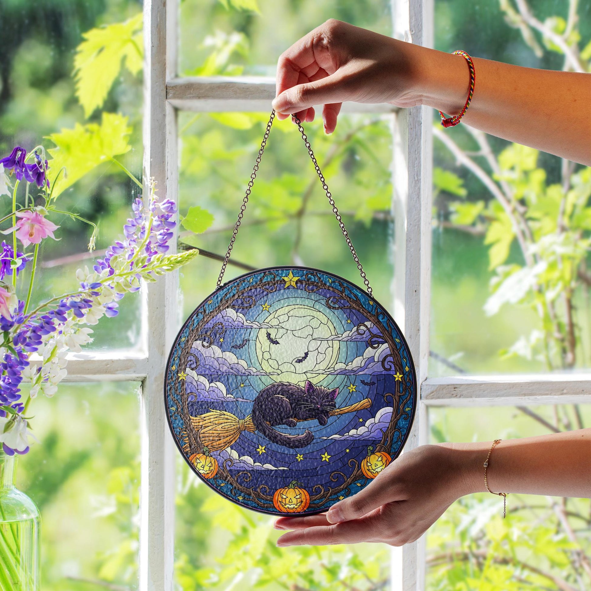 Black Cat Suncatcher – Halloween Witch Cat on Broom Window Hanging – Full Moon Stained Glass Decor