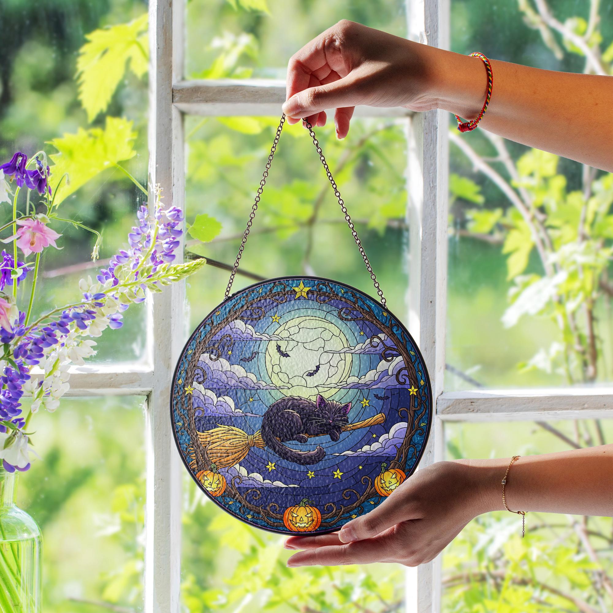 Black Cat Suncatcher – Halloween Witch Cat on Broom Window Hanging – Full Moon Stained Glass Decor