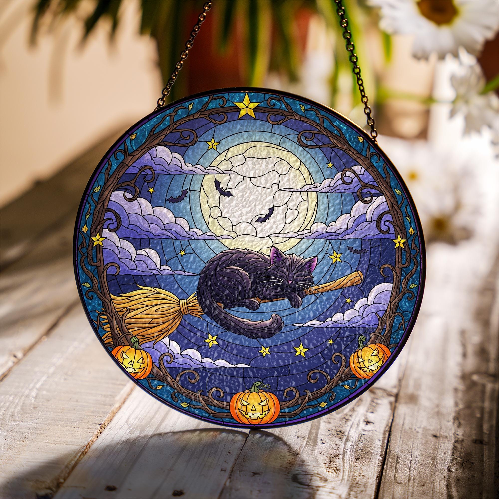 Black Cat Suncatcher – Halloween Witch Cat on Broom Window Hanging – Full Moon Stained Glass Decor