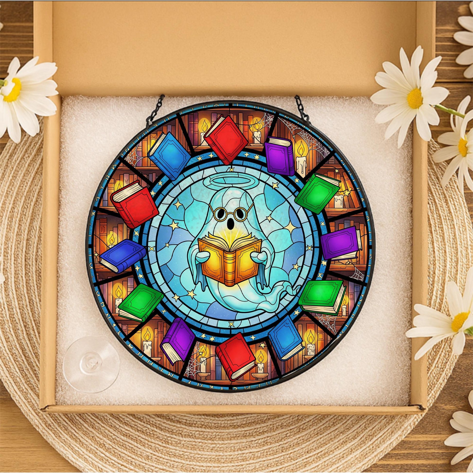 Reading Ghost Suncatcher – Cute Book Ghost Window Hanging – Colorful Stained Glass Library Decor