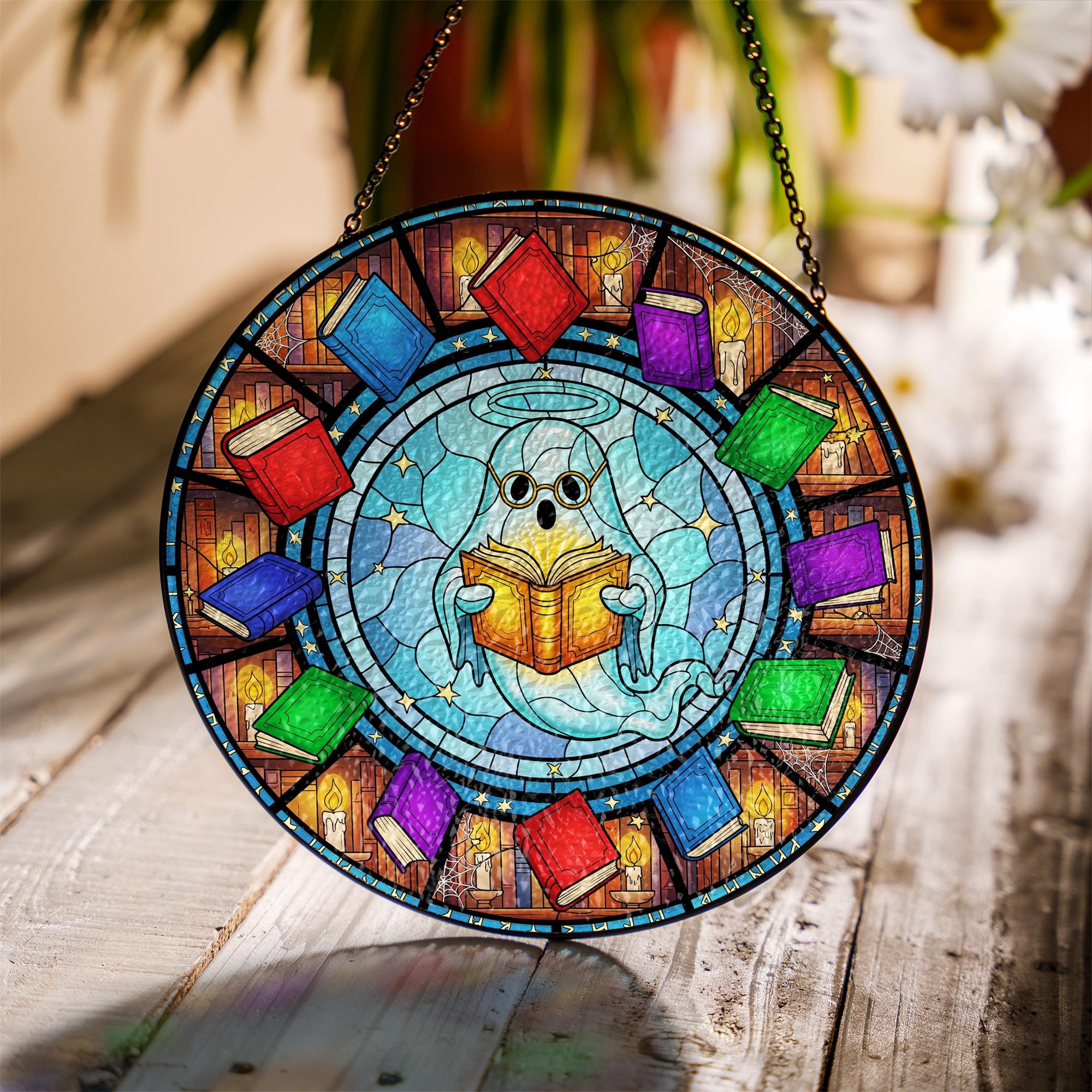 Reading Ghost Suncatcher – Cute Book Ghost Window Hanging – Colorful Stained Glass Library Decor