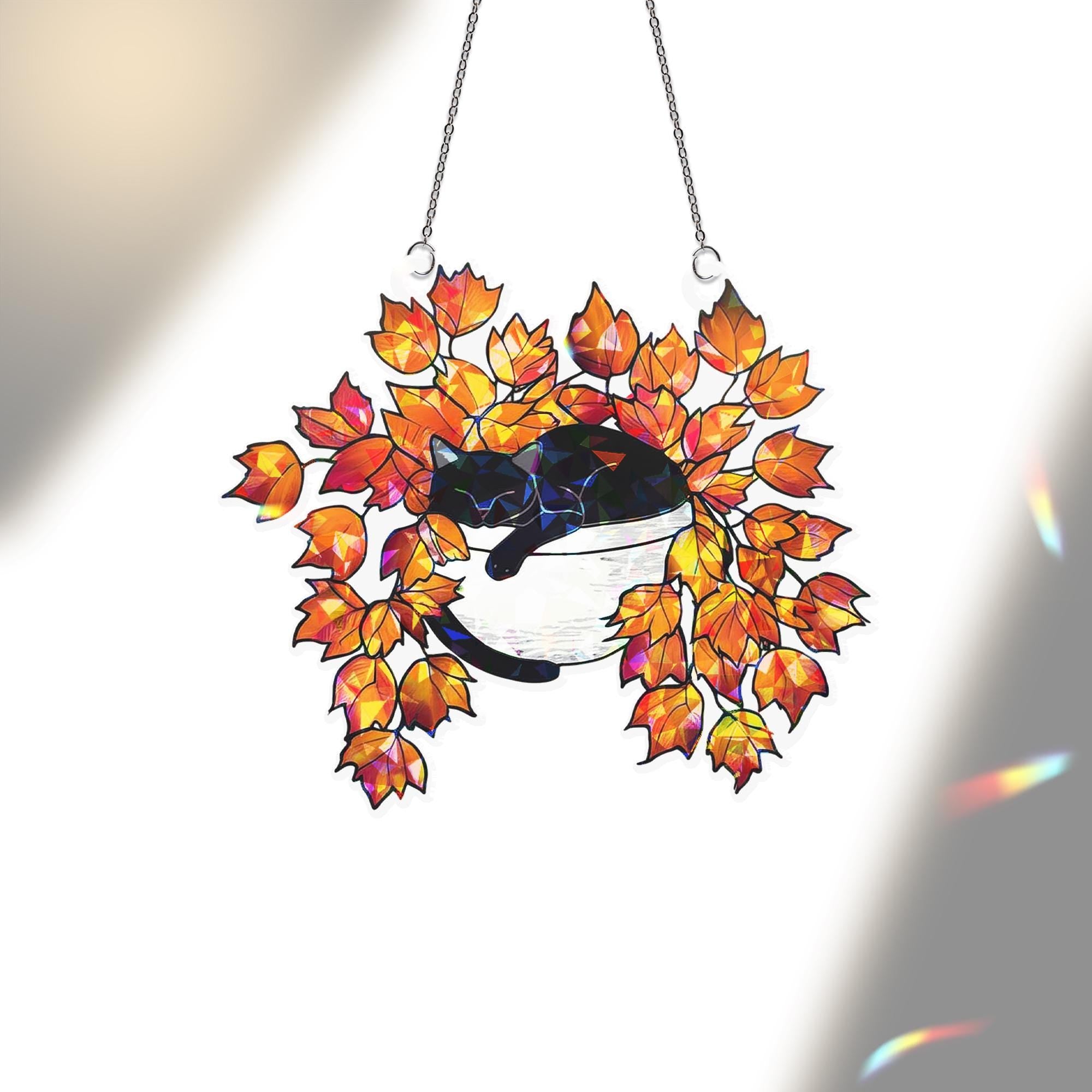 Black Cat Sleeping on Autumn Leaves Hologram Ornament | Cat ACRYLIC Window Hanging | Plant Lover Gift, Fall Plants Decor, Cozy Cat Decor