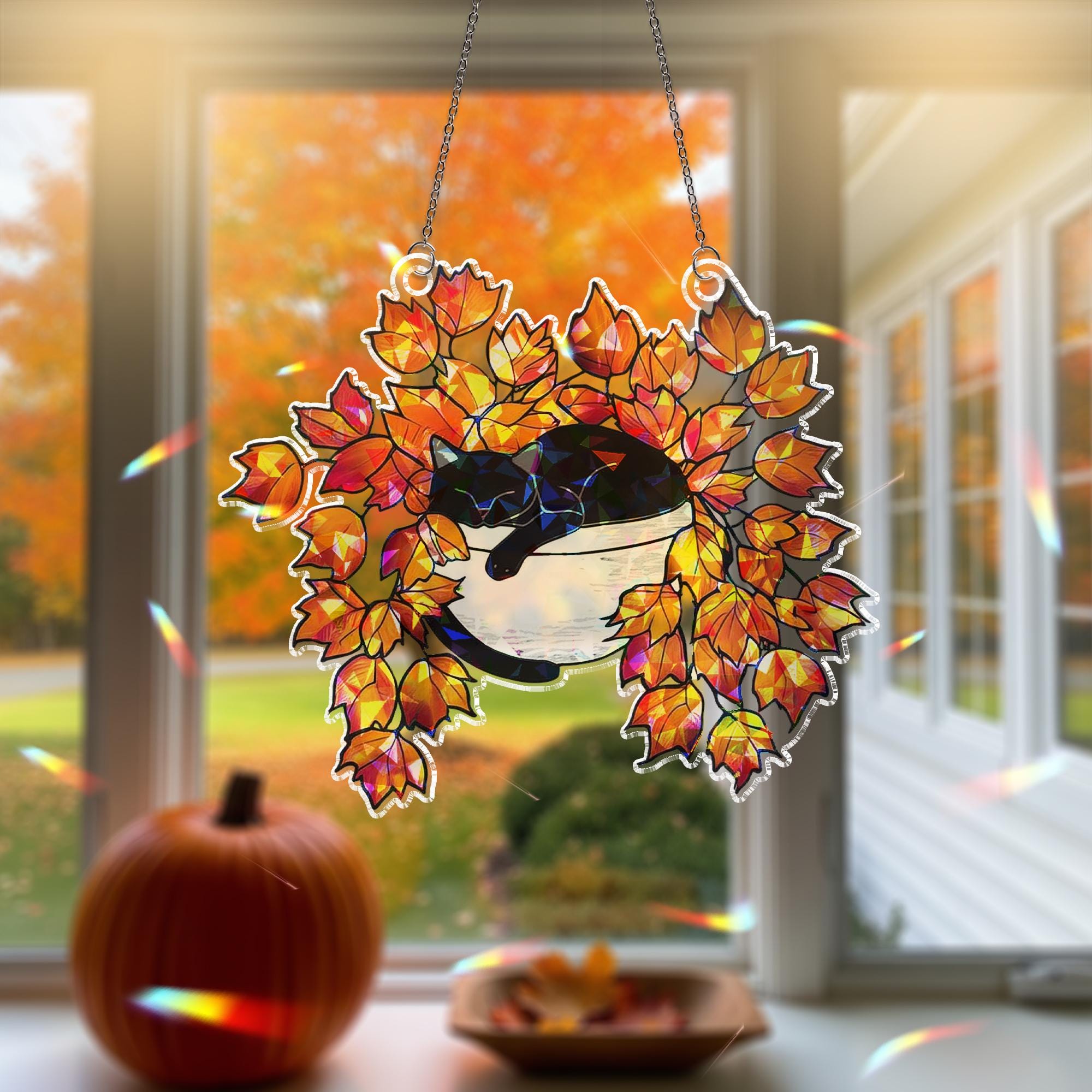 Black Cat Sleeping on Autumn Leaves Hologram Ornament | Cat ACRYLIC Window Hanging | Plant Lover Gift, Fall Plants Decor, Cozy Cat Decor