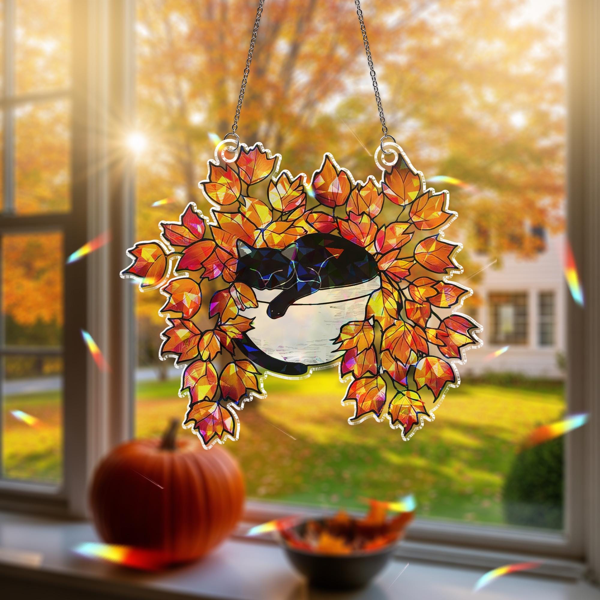 Black Cat Sleeping on Autumn Leaves Hologram Ornament | Cat ACRYLIC Window Hanging | Plant Lover Gift, Fall Plants Decor, Cozy Cat Decor