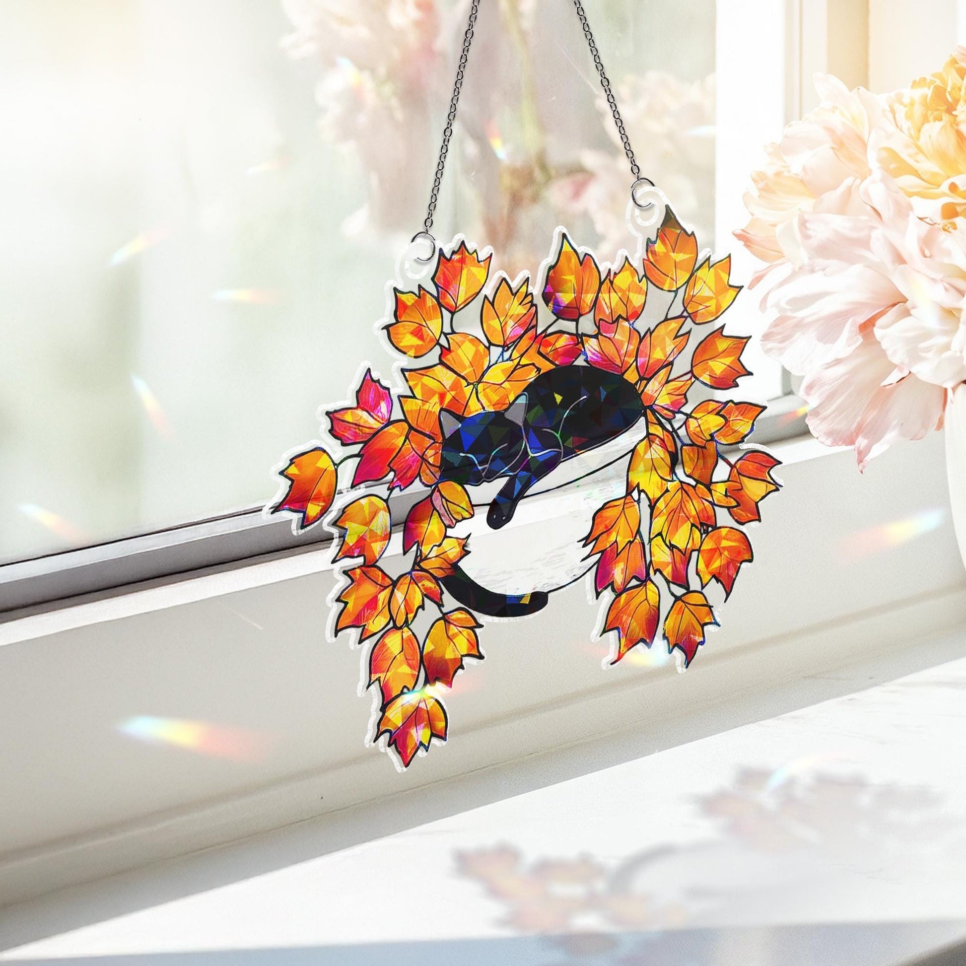 Black Cat Sleeping on Autumn Leaves Hologram Ornament | Cat ACRYLIC Window Hanging | Plant Lover Gift, Fall Plants Decor, Cozy Cat Decor