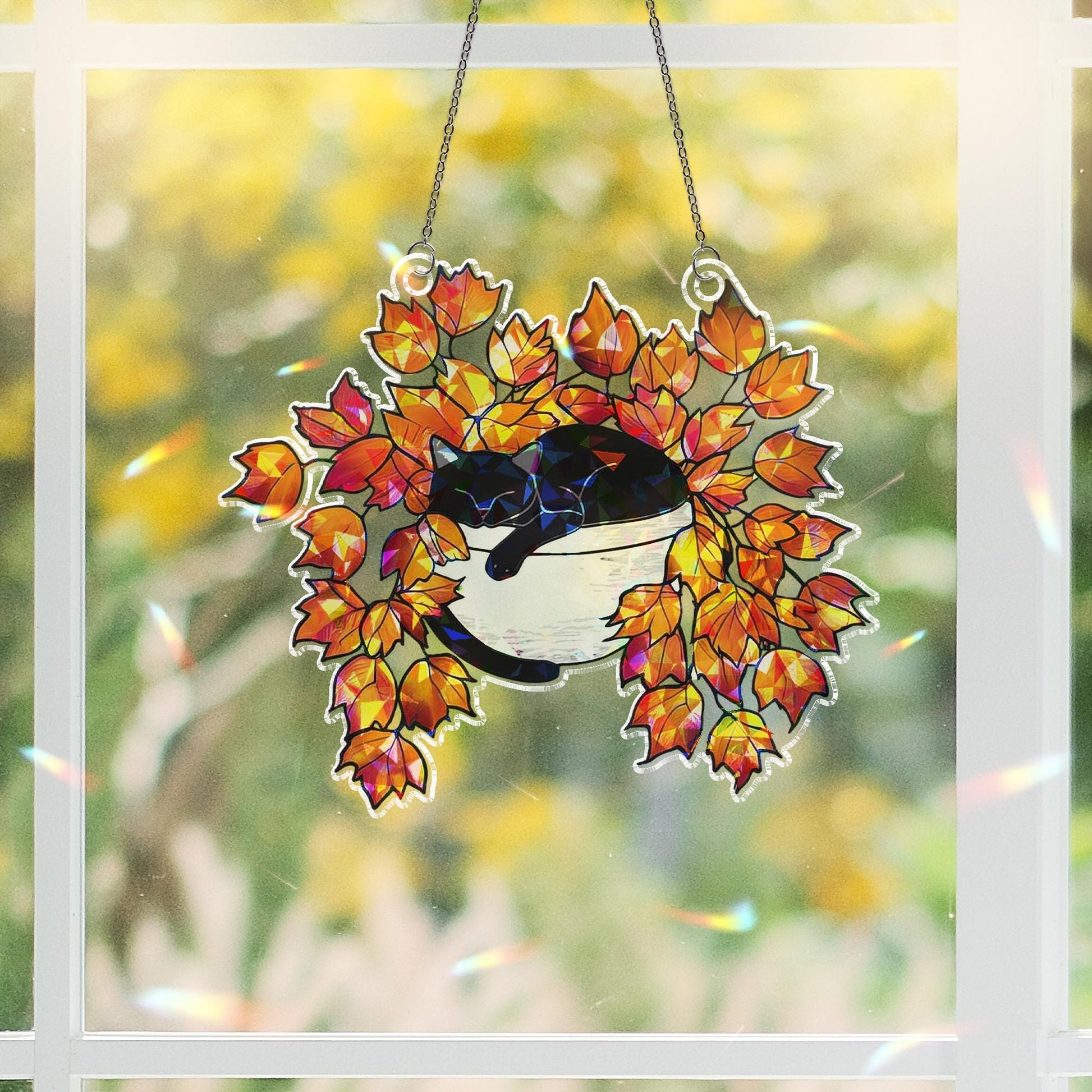 Black Cat Sleeping on Autumn Leaves Hologram Ornament | Cat ACRYLIC Window Hanging | Plant Lover Gift, Fall Plants Decor, Cozy Cat Decor
