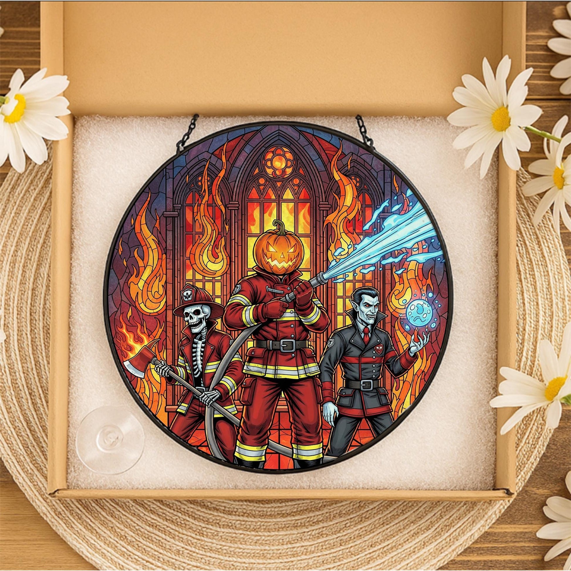 Halloween Firefighter Suncatcher Gothic Pumpkin Head Window Decor Spooky Fall Gift