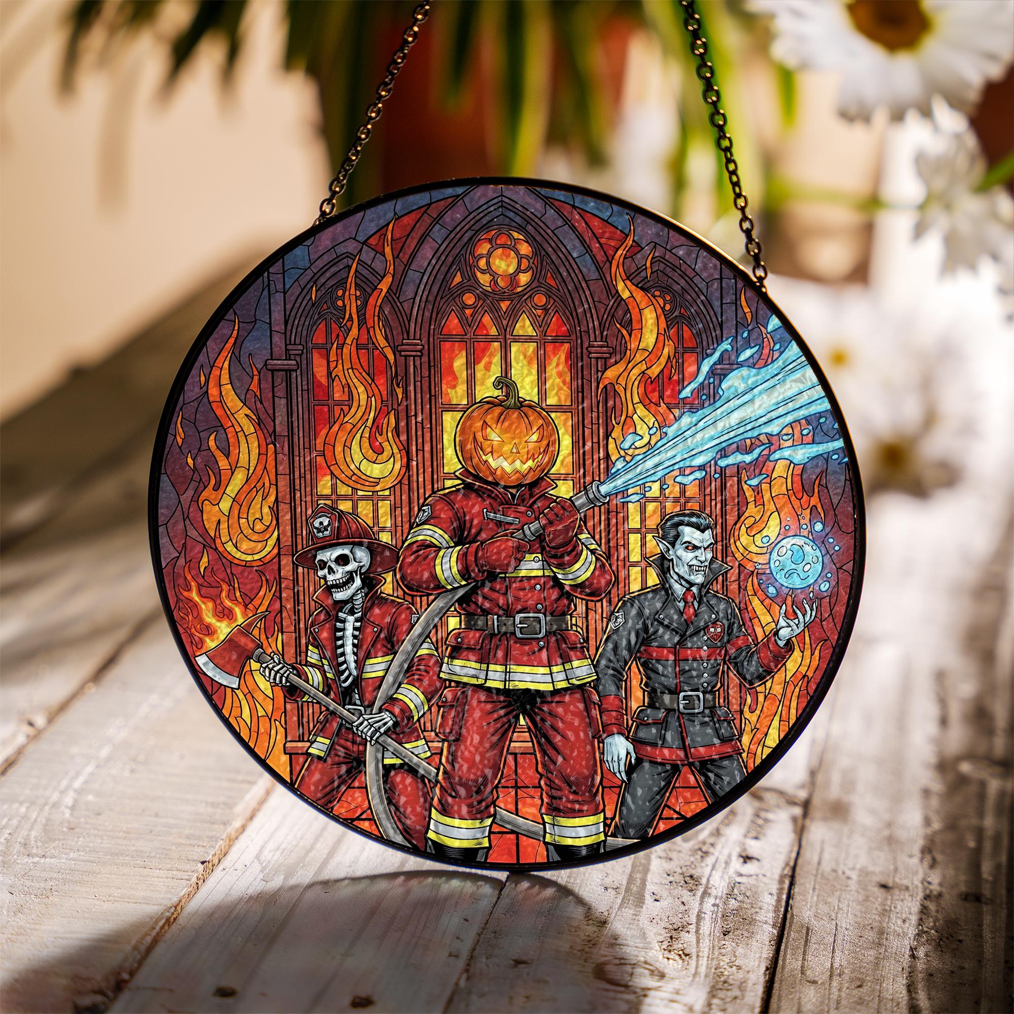Halloween Firefighter Suncatcher Gothic Pumpkin Head Window Decor Spooky Fall Gift
