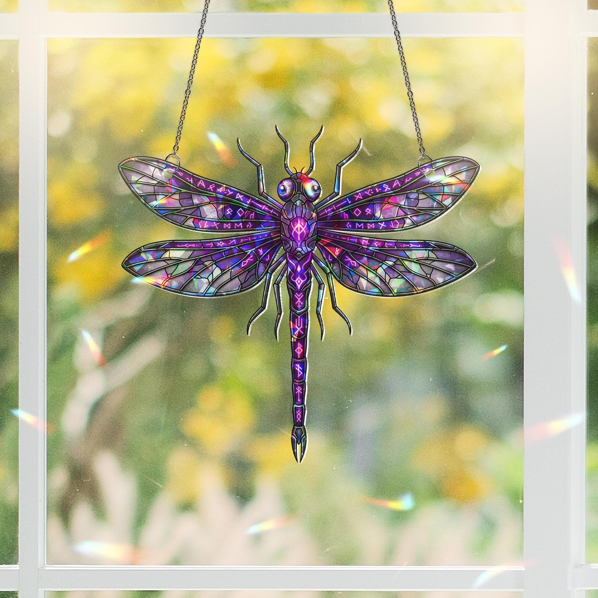 Purple Dragonfly Suncatcher Stained Glass Insect Window Hanging Boho Gothic Decor