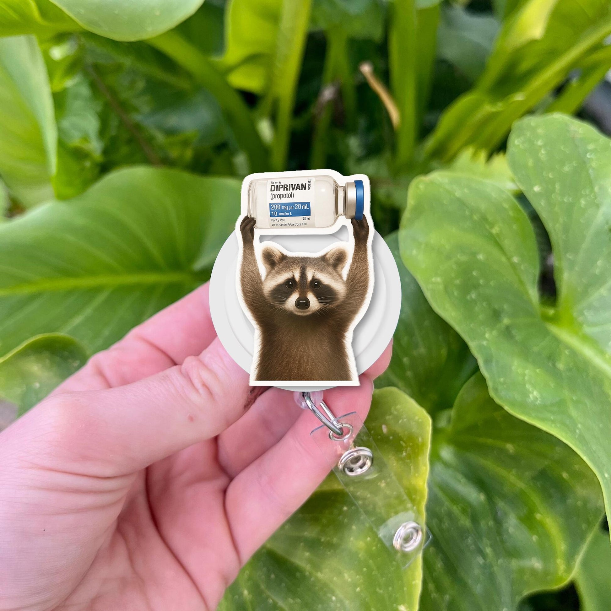 Funny ICU Nurse Badge Reel, Propofol Raccoon ID Holder, Cute Retractable Badge Clip, Gift for CRNA, Anesthesiologist, or Med Staff
