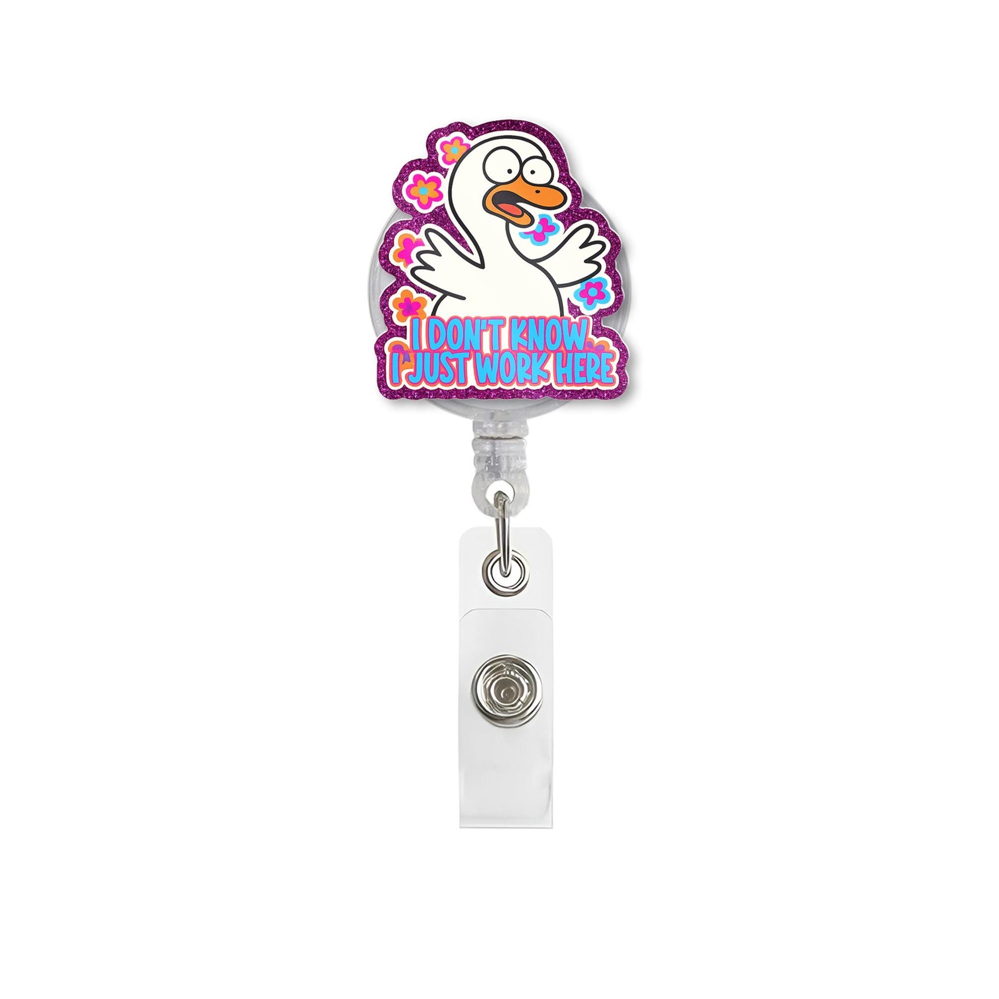 Funny Duck Badge Reel, Retractable ID Holder, Nurse Badge Clip, Coworker Gift, Cute Office Lanyard, I Just Work Here Quote