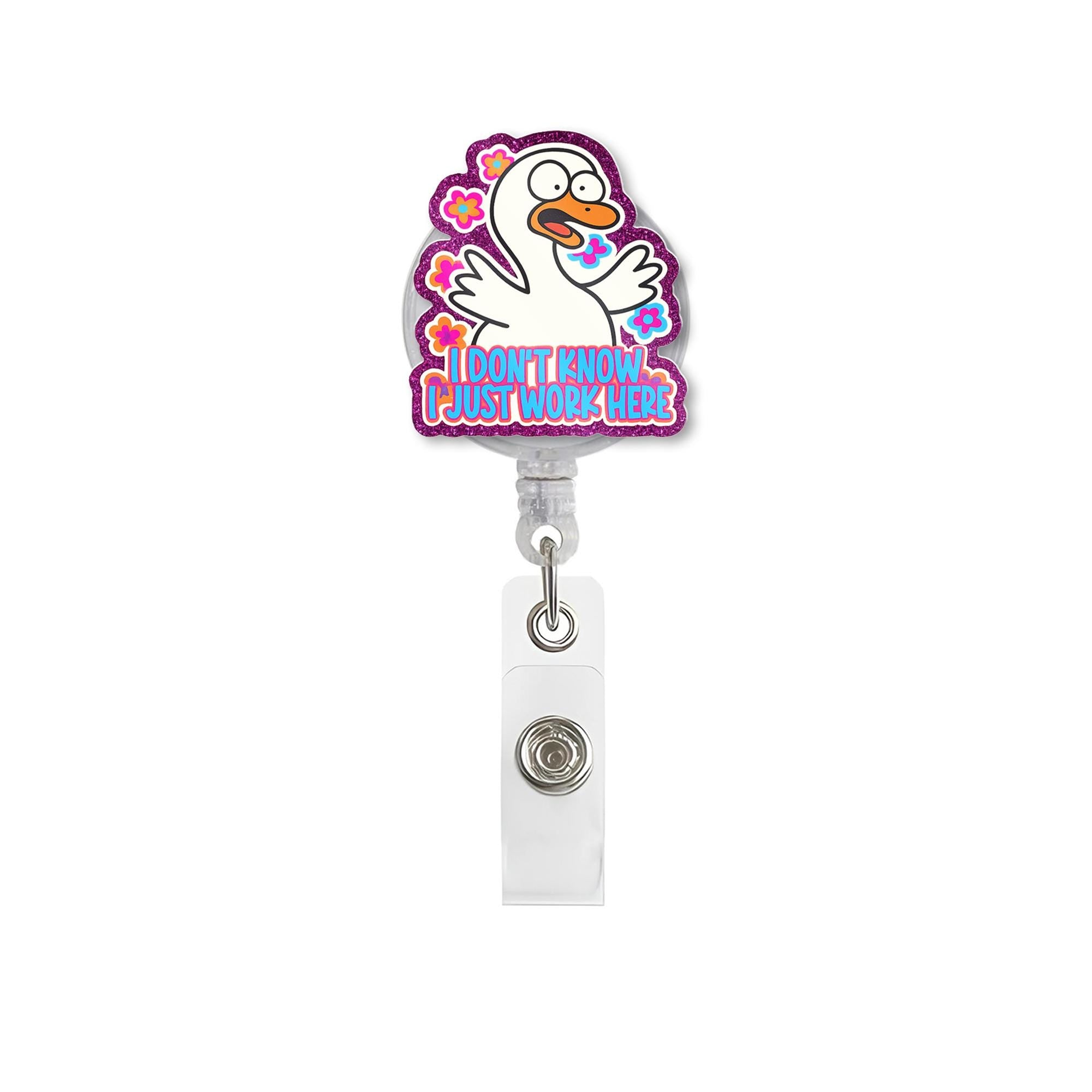 Funny Duck Badge Reel, Retractable ID Holder, Nurse Badge Clip, Coworker Gift, Cute Office Lanyard, I Just Work Here Quote