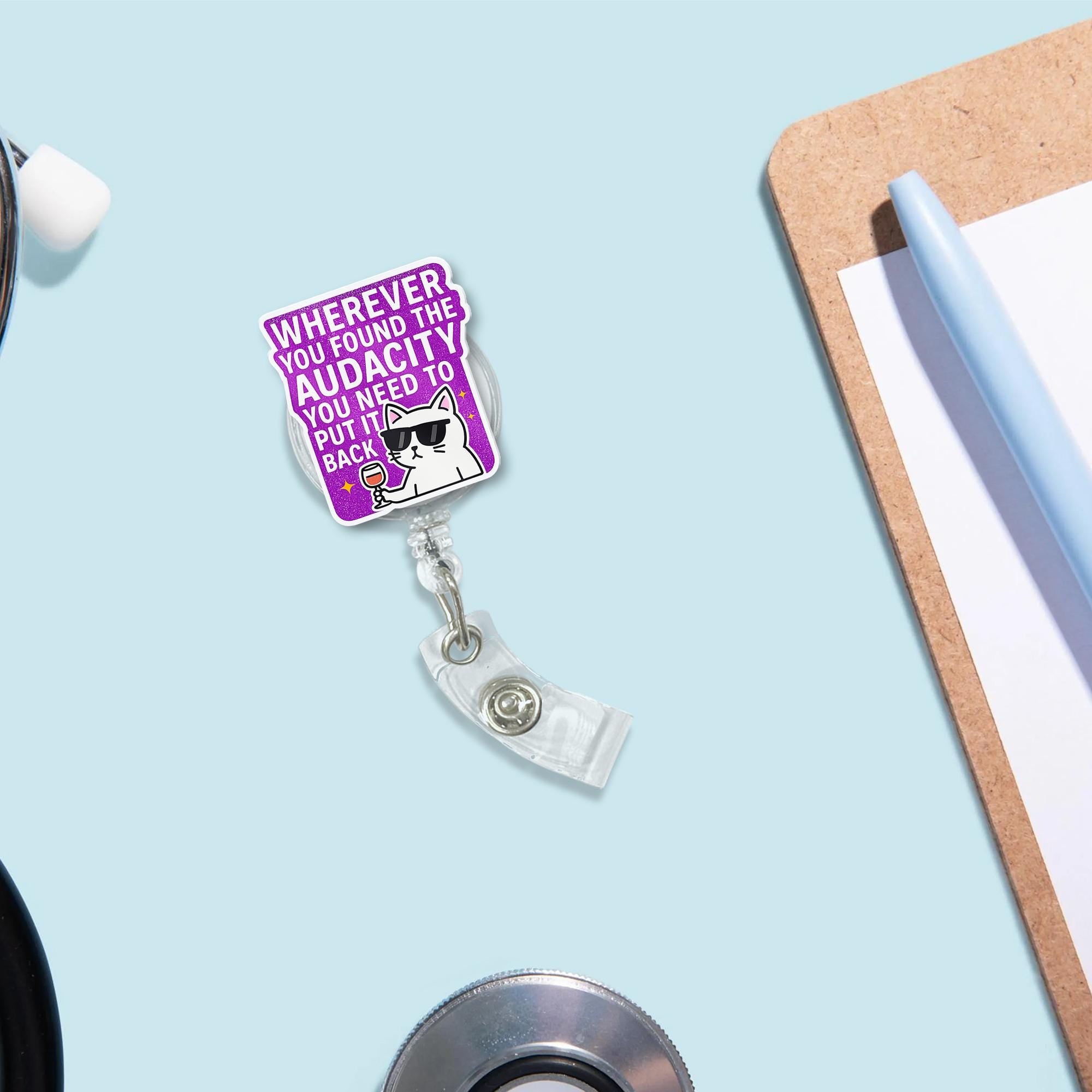 Funny Cat Badge Reel, Sassy ID Clip for Work, Retractable Name Badge Holder, Wine Lover Gift, Office Humor Accessory