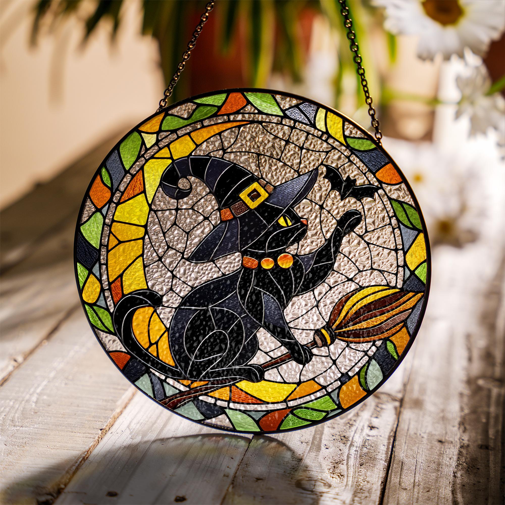 Witch Cat Suncatcher, Halloween Glass Window Hanging, Flying Broom Black Cat with Bat, Spooky Cute Fall Home Decor