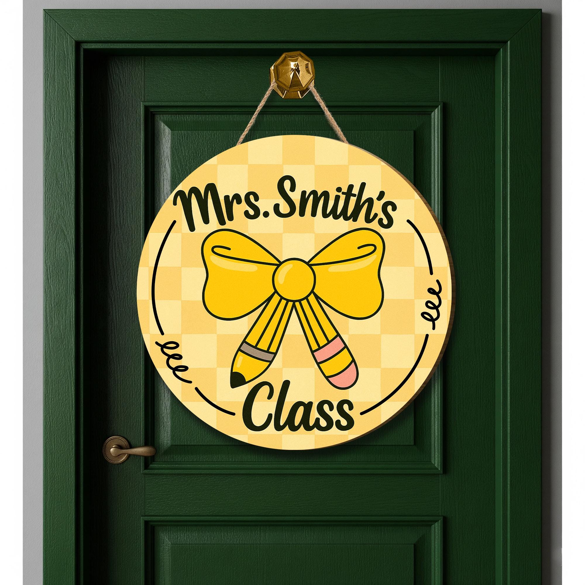 Teacher Door Hanger, Personalized Classroom Sign, Back to School Decor, Custom Name Sign, Cute Pencil Bow School Door Sign