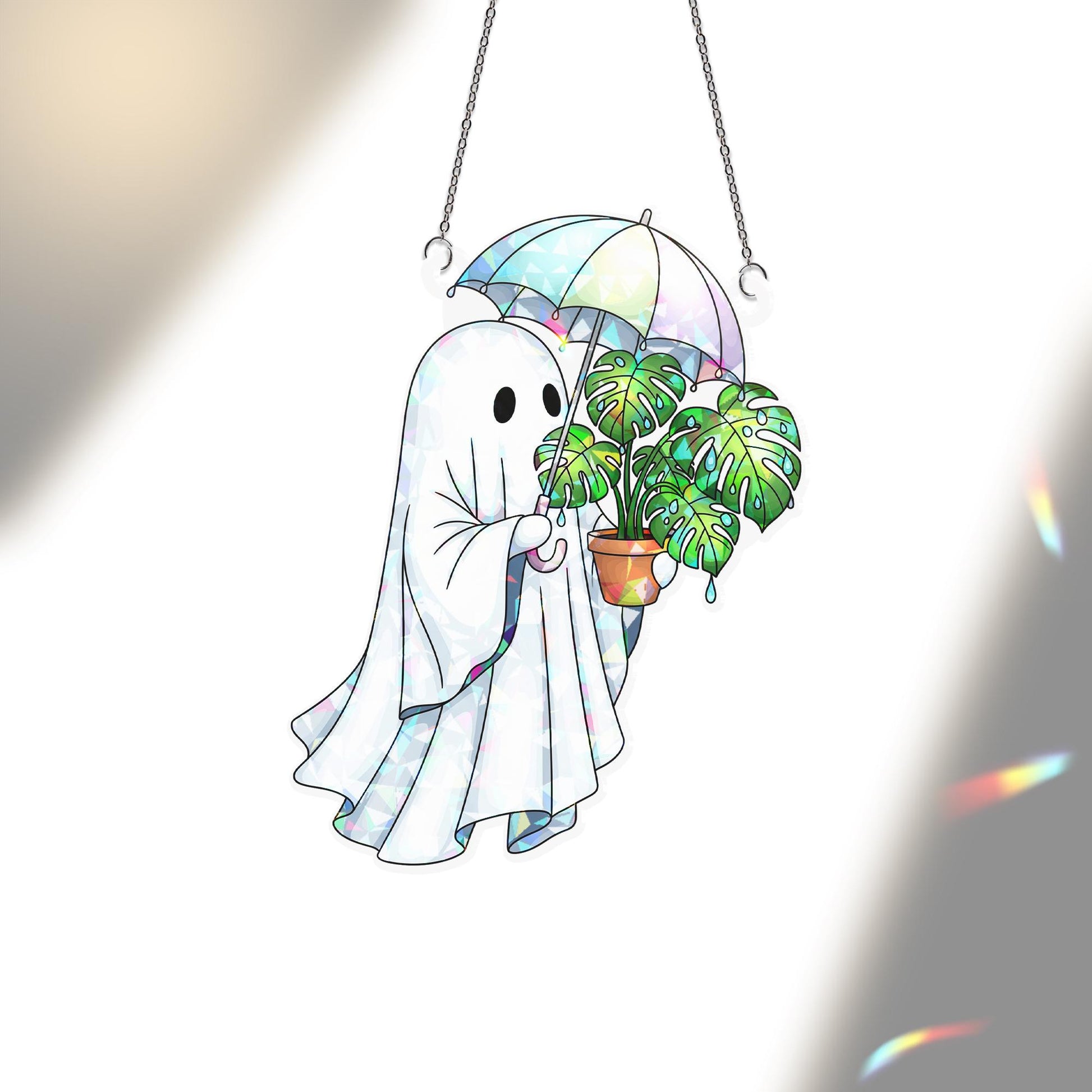 Cute Ghost Plant Suncatcher Stained Glass Monstera Umbrella Window Decor Halloween Gift