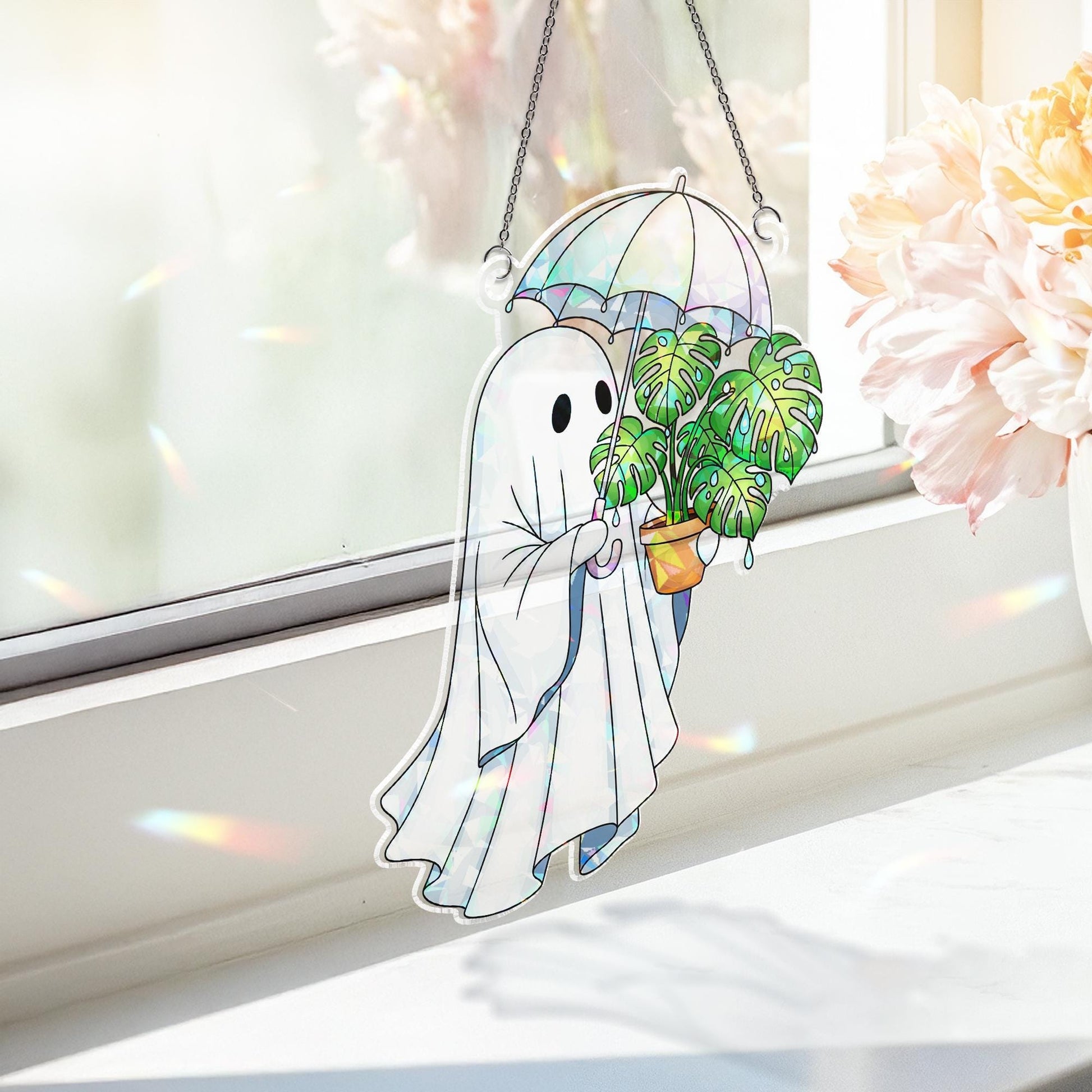 Cute Ghost Plant Suncatcher Stained Glass Monstera Umbrella Window Decor Halloween Gift