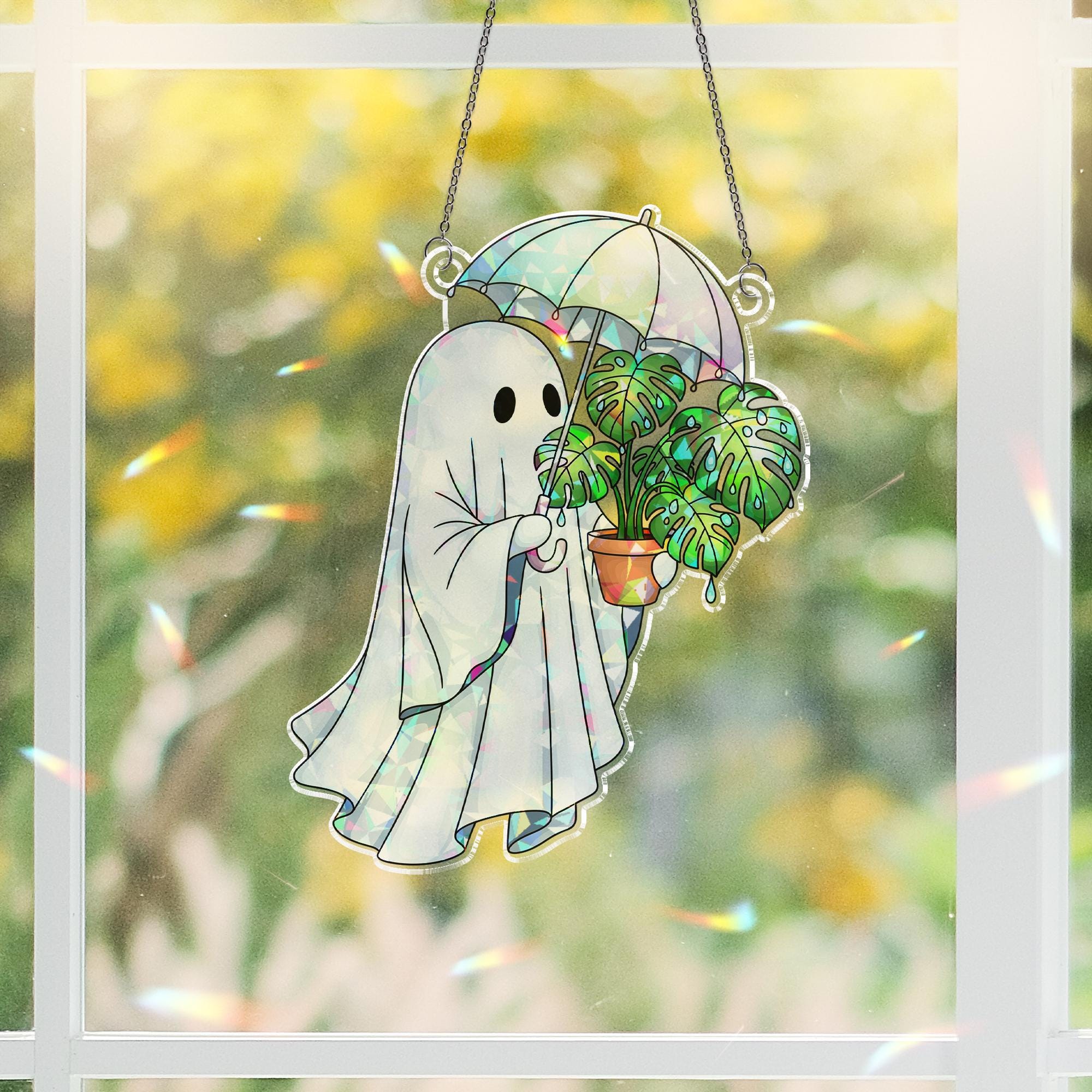 Cute Ghost Plant Suncatcher Stained Glass Monstera Umbrella Window Decor Halloween Gift