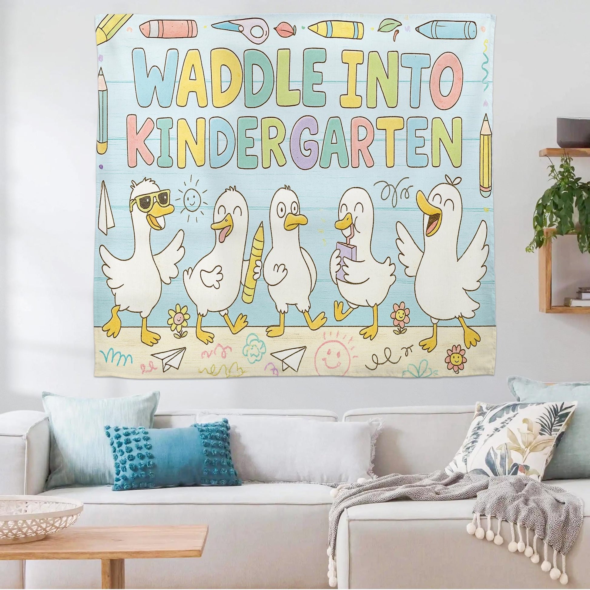 Custom Waddle Into Kindergarten Tapestry, Back to School Classroom Decor, Duck Theme Teacher Wall Banner, Kindergarten Wall Art