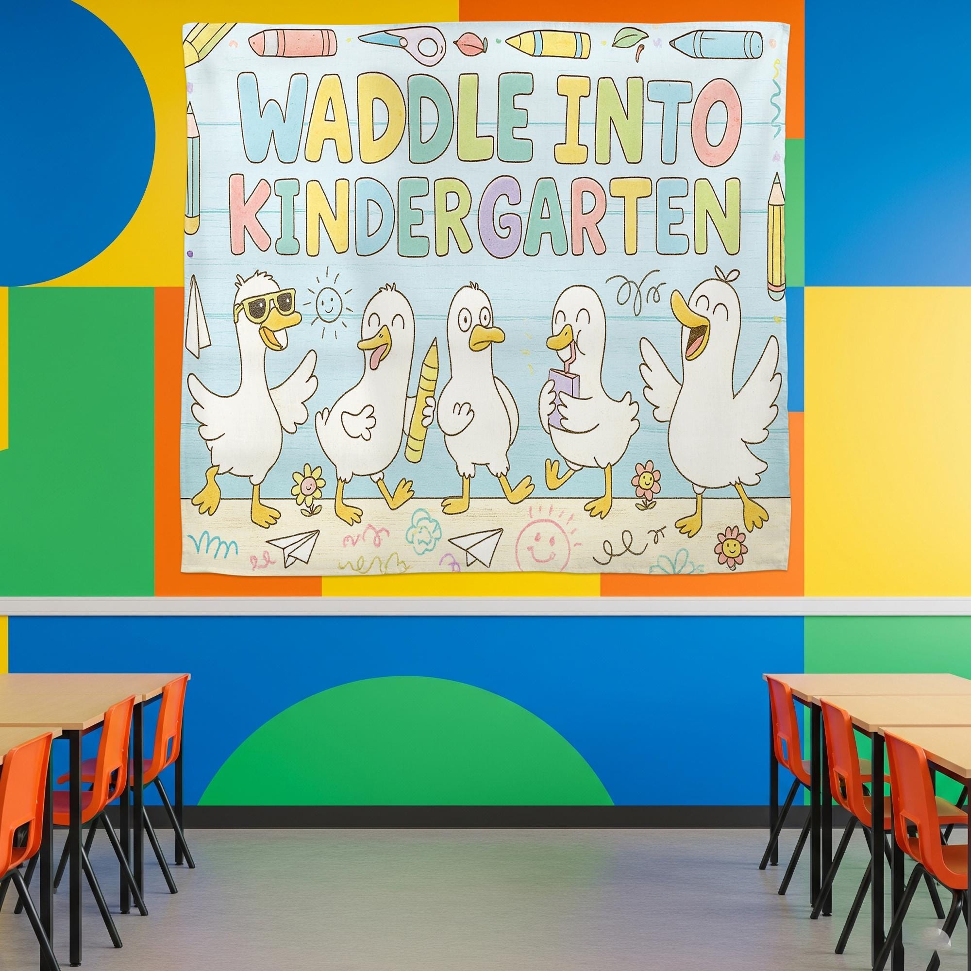Custom Waddle Into Kindergarten Tapestry, Back to School Classroom Decor, Duck Theme Teacher Wall Banner, Kindergarten Wall Art