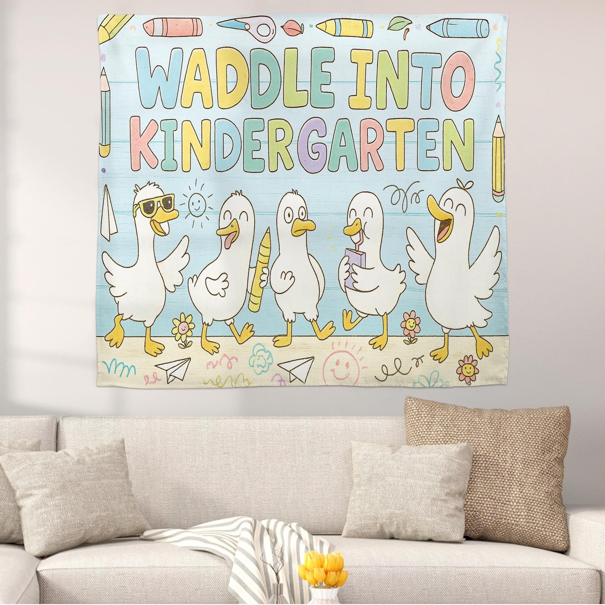 Custom Waddle Into Kindergarten Tapestry, Back to School Classroom Decor, Duck Theme Teacher Wall Banner, Kindergarten Wall Art