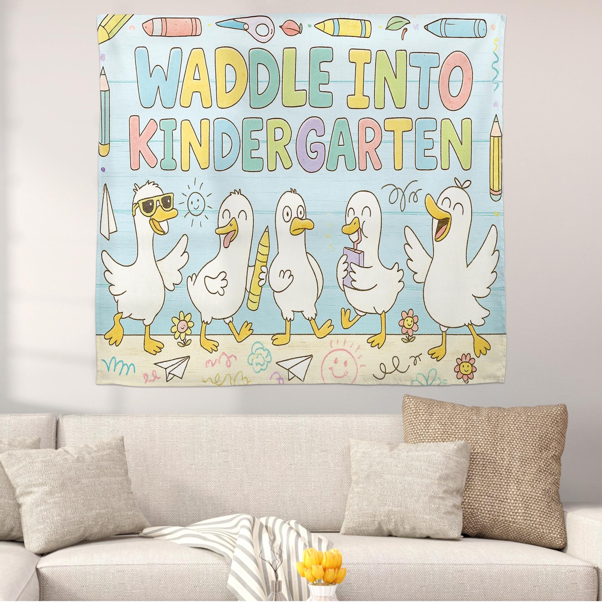 Custom Waddle Into Kindergarten Tapestry, Back to School Classroom Decor, Duck Theme Teacher Wall Banner, Kindergarten Wall Art