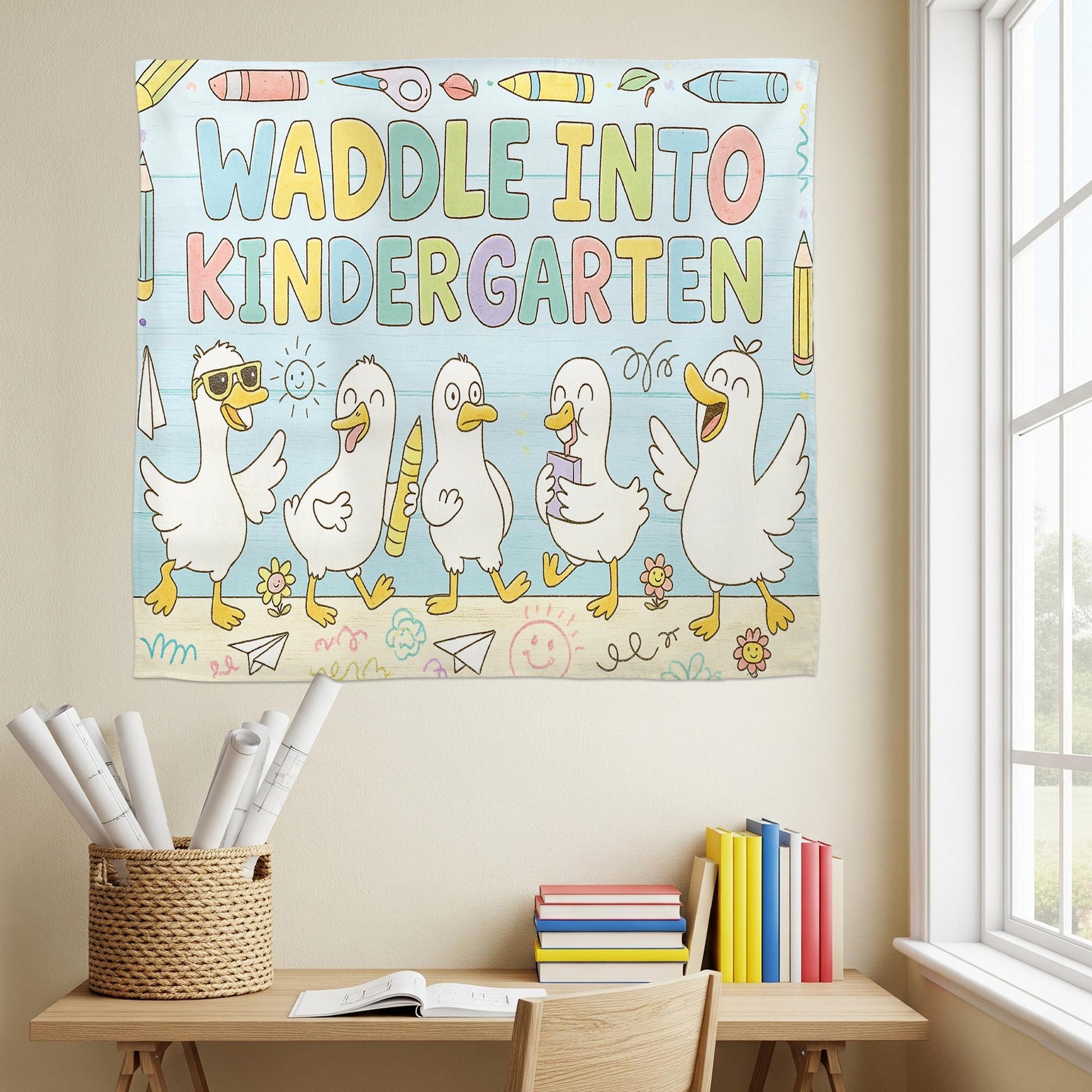 Custom Waddle Into Kindergarten Tapestry, Back to School Classroom Decor, Duck Theme Teacher Wall Banner, Kindergarten Wall Art