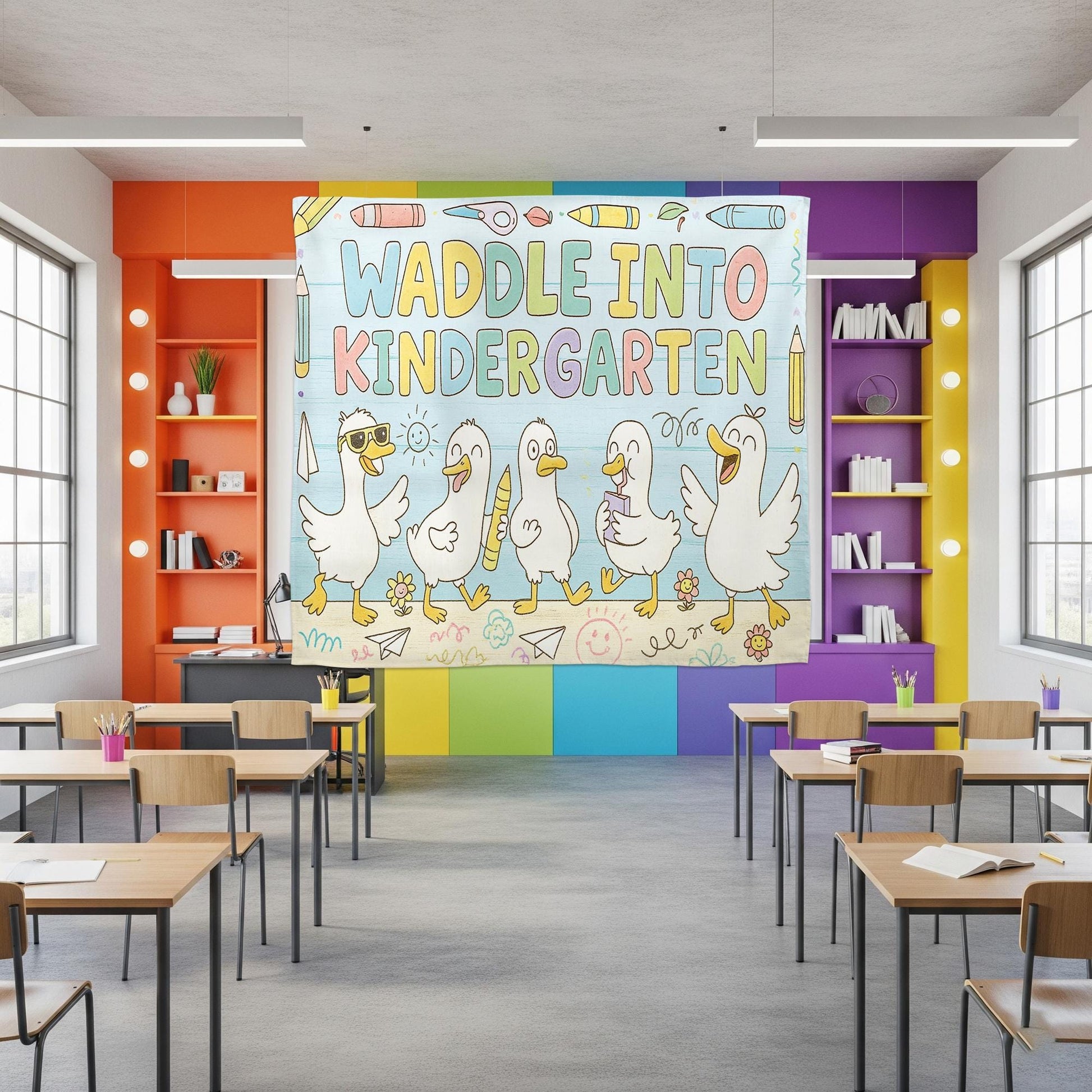 Custom Waddle Into Kindergarten Tapestry, Back to School Classroom Decor, Duck Theme Teacher Wall Banner, Kindergarten Wall Art